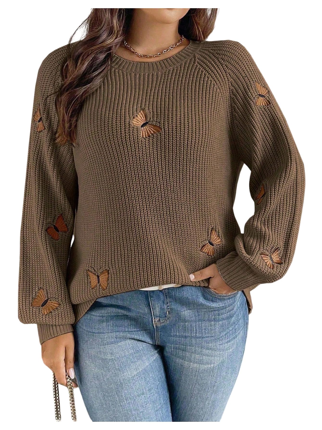 Womens Plus Size Butterfly Sweater Embroidery Long Sleeve Pullover Sweater Crew Neck Knit Tops