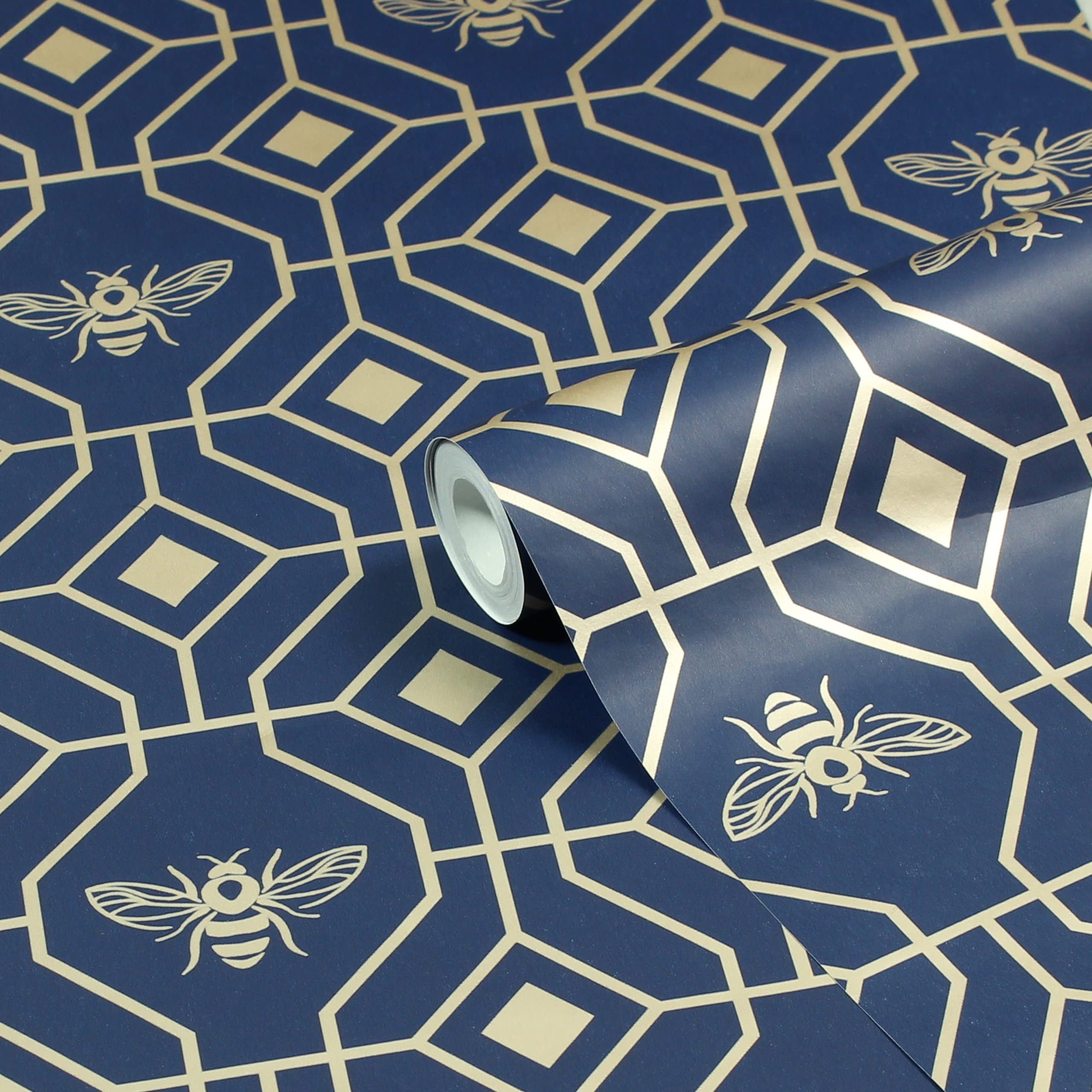 Furn Bee Deco Geometric Foiled Printed Wallpaper in Dark Blue