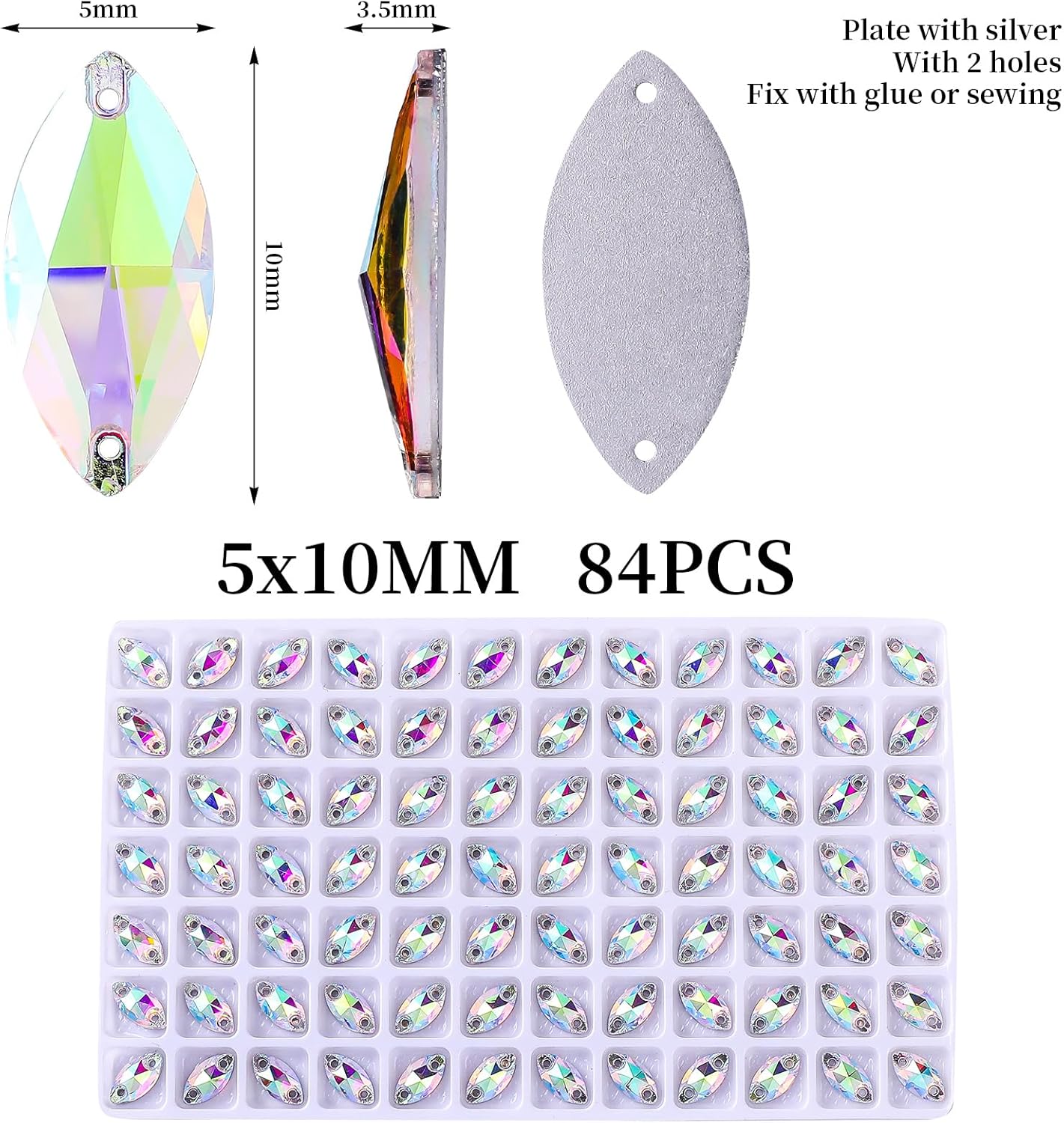 SWTHONY 84pcs 5 x 10mm AB Horse Eye Shaped Sew On Rhinestones for Crafting, Crystal Glass Gems Silver Plated Flatback Jewels with 2 Holes for Crafts Clothes Fabric - Image 2