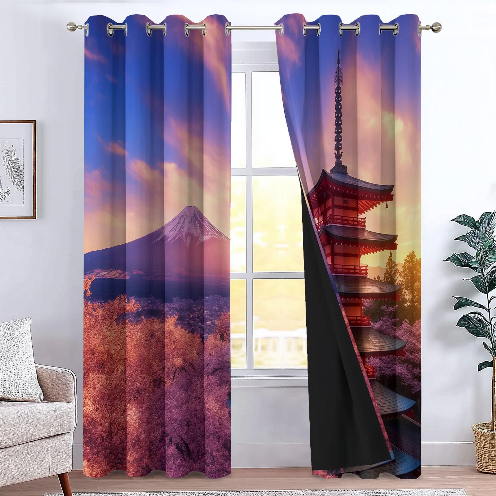 Rideaux opaques paysage japonais rose pour une ambiance de salon zen