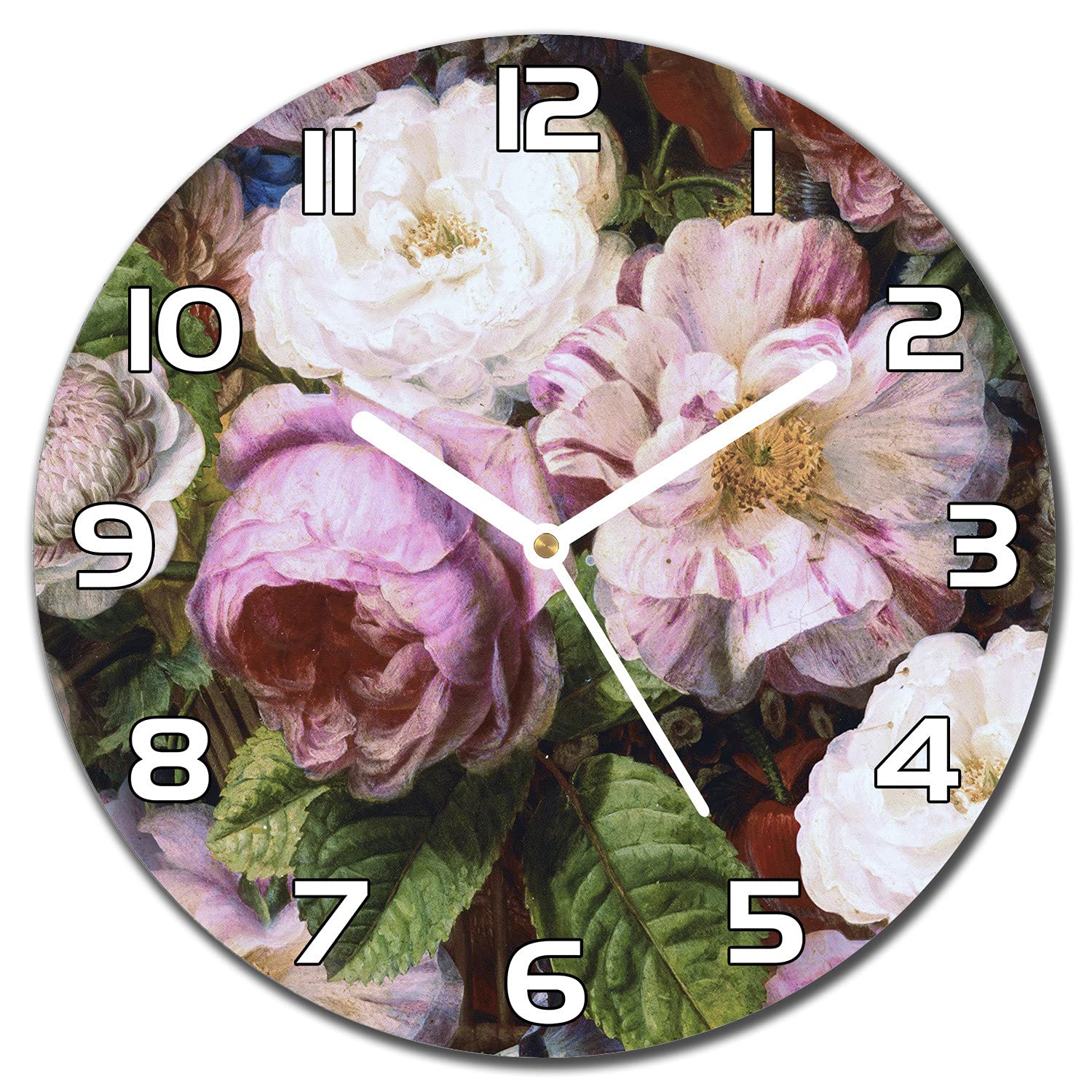 Horloge en verre cuisine salon moderne aiguilles blanches 30 cm roses