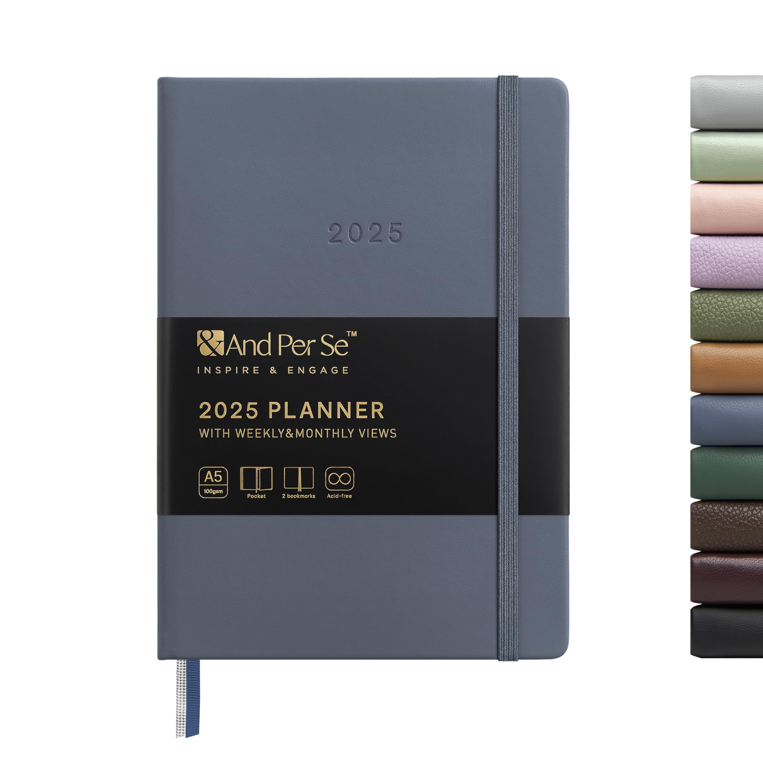 And Per Se 2025 Planner-Daily, Weekly & Monthly Hardcover Planner, 5.7" x 8", Daily Schedule, Monthly Tabs, 100 GSM Thick Paper, Leather Cover, Back Pocket，A5 Size(Blue)