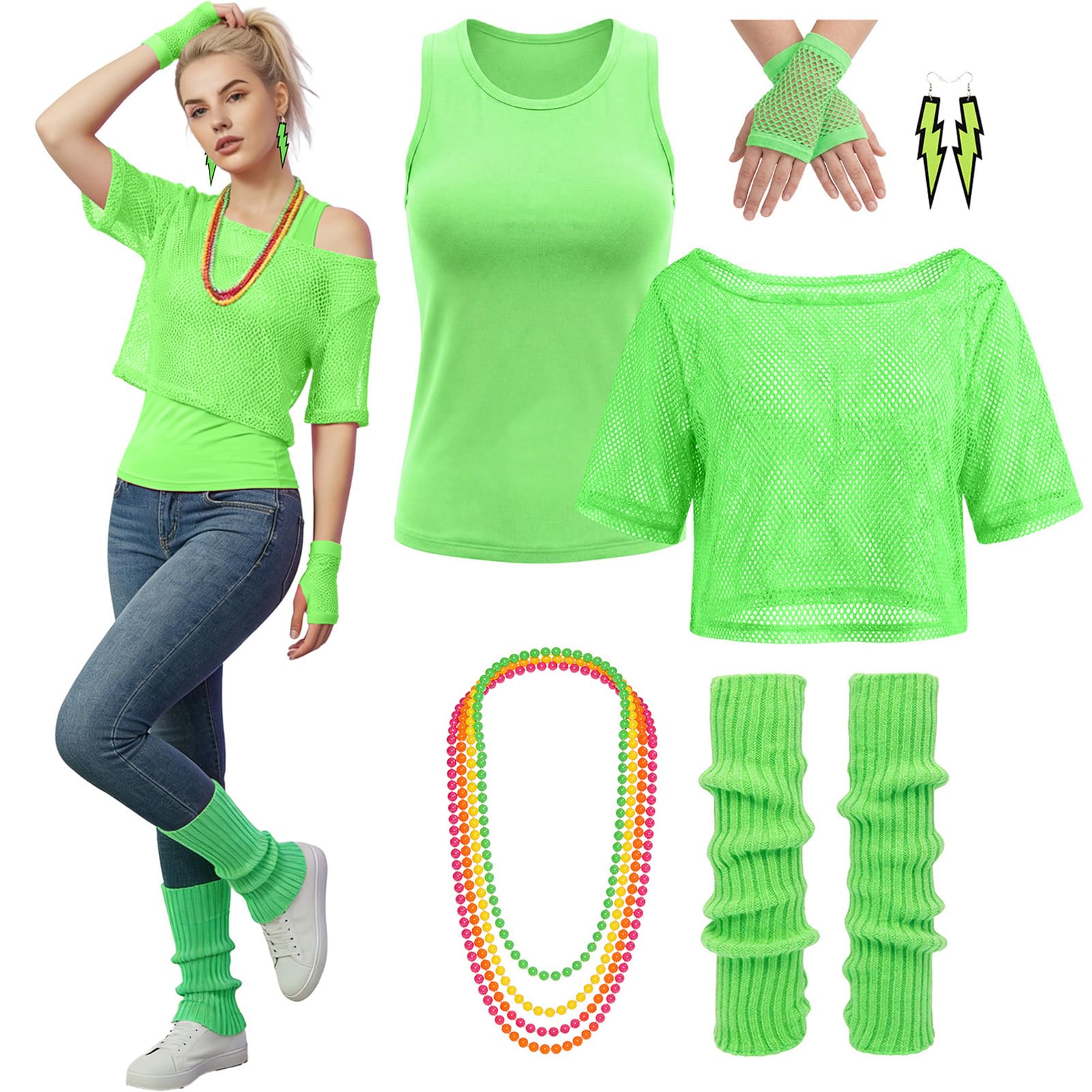 SINSEN 9 Pieces 80s 90s Outfit Women's 80s Clothing Women with Mesh Top, Tank Top, Mesh Gloves, Leg Warmers, Necklace, Earring, Perfect for Theme Party and Carnival