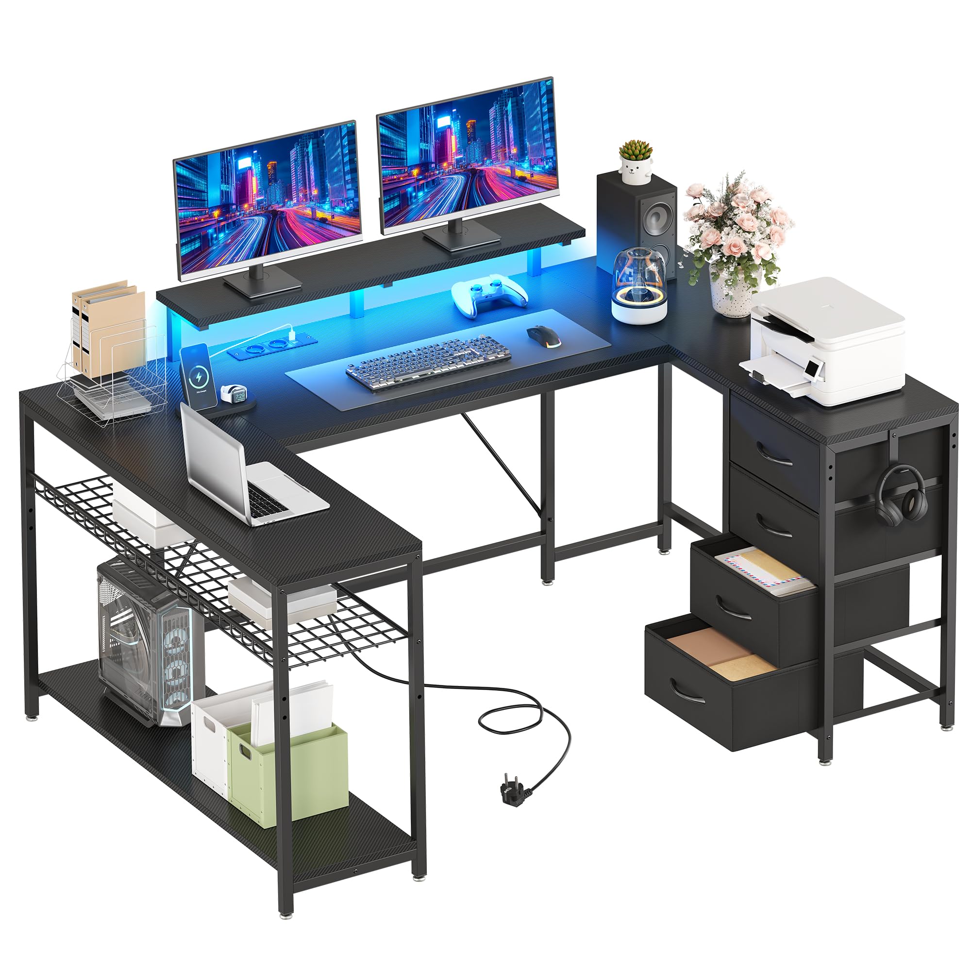 YITAHOME Eckschreibtisch mit 4 Schubladen & Stauraum, 158 x 100cm Gaming Schreibtisch mit LED & Monitorständer für Home Office, Reversible Eck Schreibtisch mit 2 Steckdosen und USB, Schwarz