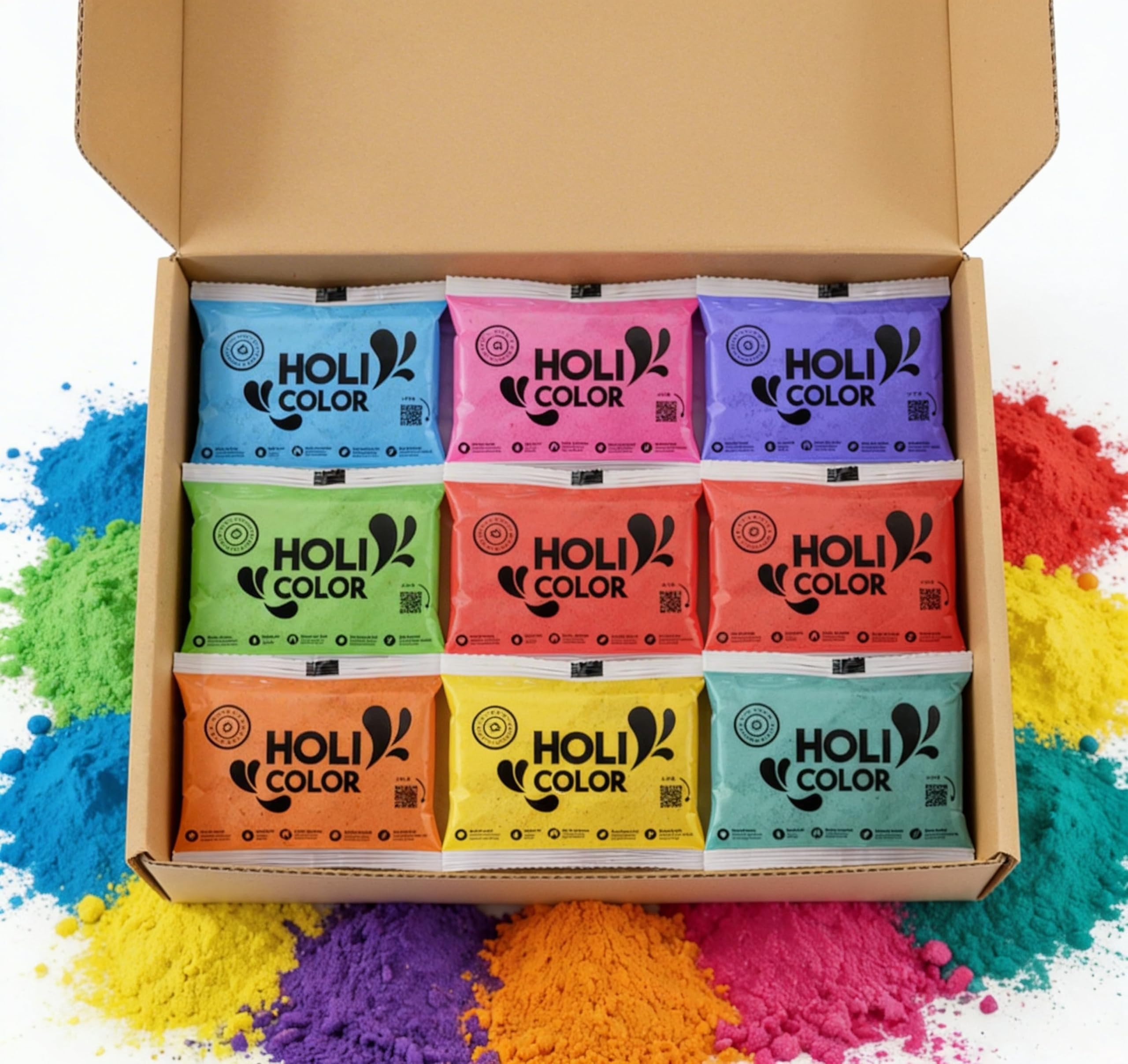 Poudre Holi - Pack de 24 sachets - 8 Couleurs Différentes - Peignez en couleur vos Fêtes Holi et Holi Run