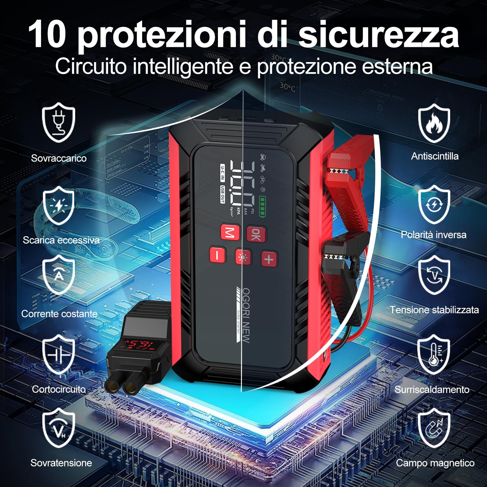 Avviatore Batteria Auto 6000A,Booster Avviamento Auto con 150PSI Compressore Aria,12V Starter Batteria Auto Portatile (8.0L Diesel/10.0L Benzina),Jump Starter Auto con Torcia a LED, Display LCD