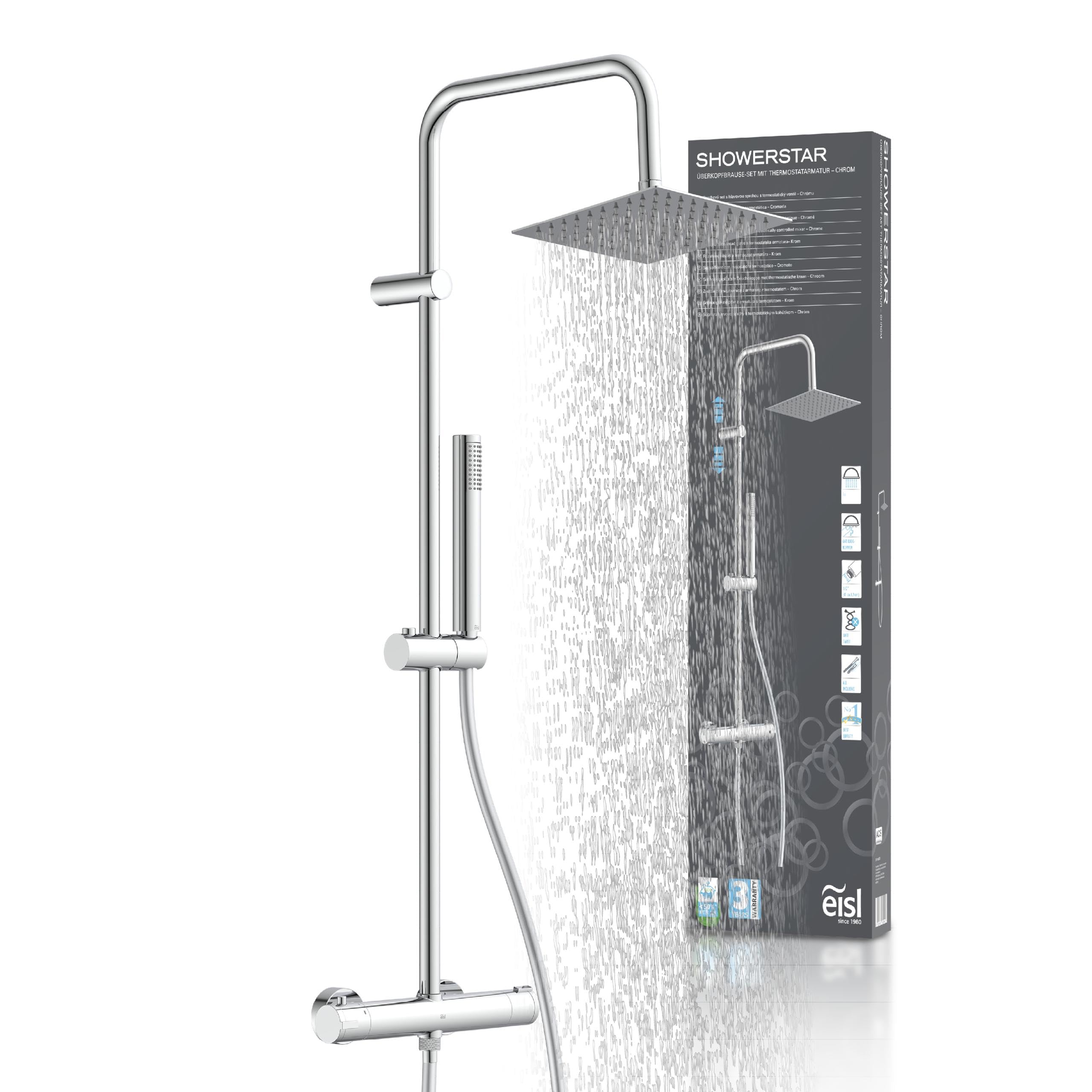EISL SHOWERSTAR Duschset, Duschsystem mit Armatur 2 in 1 mit großer Edelstahl Regendusche (200 x 200 mm) und Handbrause, Regendusche mit Thermostat, Duscharmatur mit Thermostat, DX1106CST