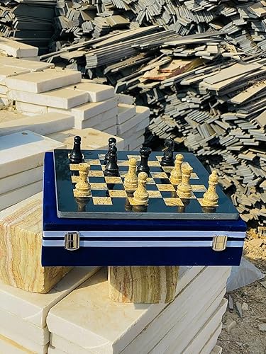 Miniatura 3 de NB - Juego de ajedrez de mármol hecho a mano de 12 pulgadas con caja de regalo de terciopelo azul, elegante tablero de ajedrez de piedra con juego