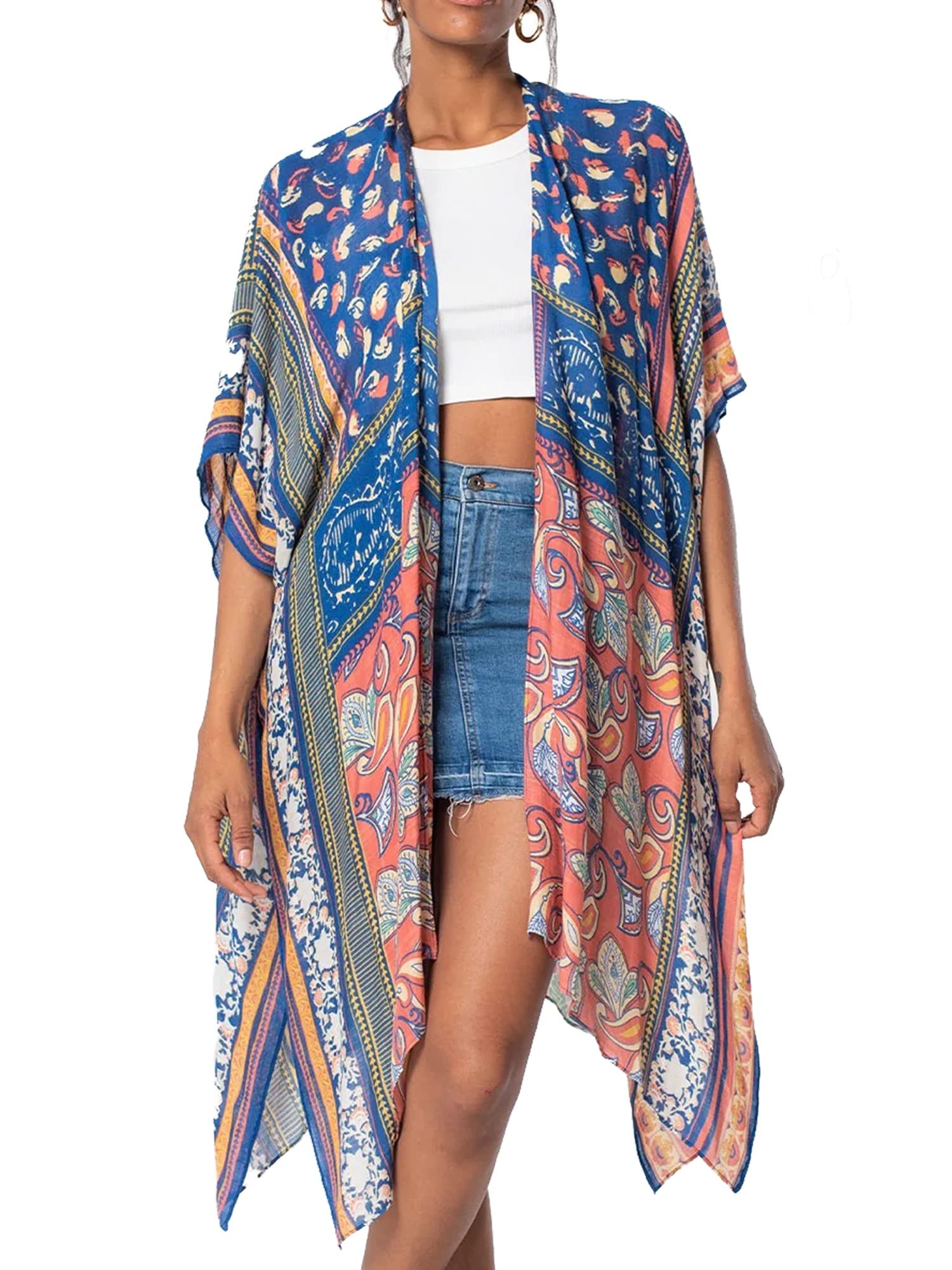 Spicy SandiaKimonos for Women Floral Beach Cover Up Loose Swimsuit Bathing Suit Coverup Cardigan for Summer Swimwear