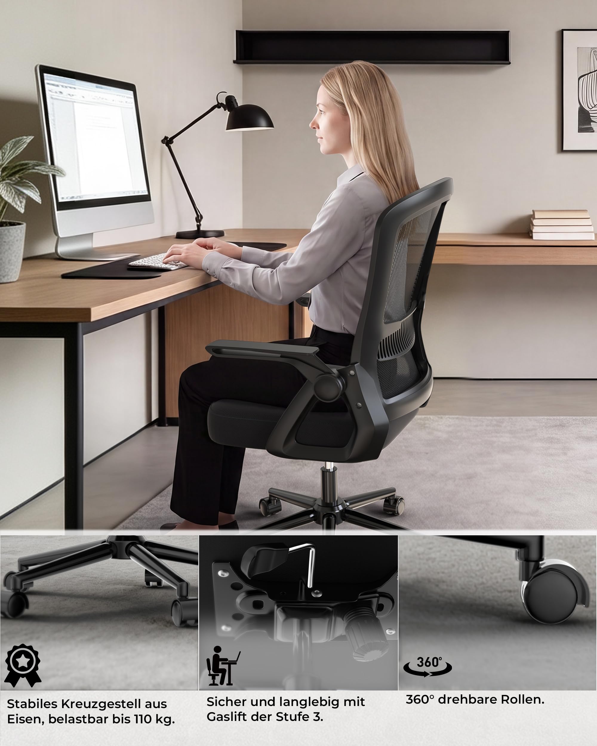 rattantree Schreibtischstuhl Ergonomischer Schwarz für Zuhause Büro | Bürostuhl mit Verstellbaren Armlehnen, Drehstuhl mit Netzbespannung, Lordosenstütze, Höhenverstellbarer, Wippfunktion