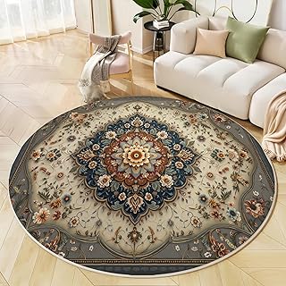 Europäische Klassische Blumenmuster Maschinenwaschbarer Runder Teppich–Weich Pflegeleicht mit Geometrische Persische Blumenmuster Print-Muster, Anti-Rutsch Teppich für Wohnzimmer Küche,80cm,Terrakotta