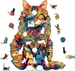 KAAYEE Wooden Jigsaw Puzzles, Wooden Maine Coon Puzzle Adult, Unique Shaped Wood Puzzles Advanced Animal Puzzle Gift for Christmas Adults Kids Family Game Home Decor (11.7 * 9.4in 190pcs)