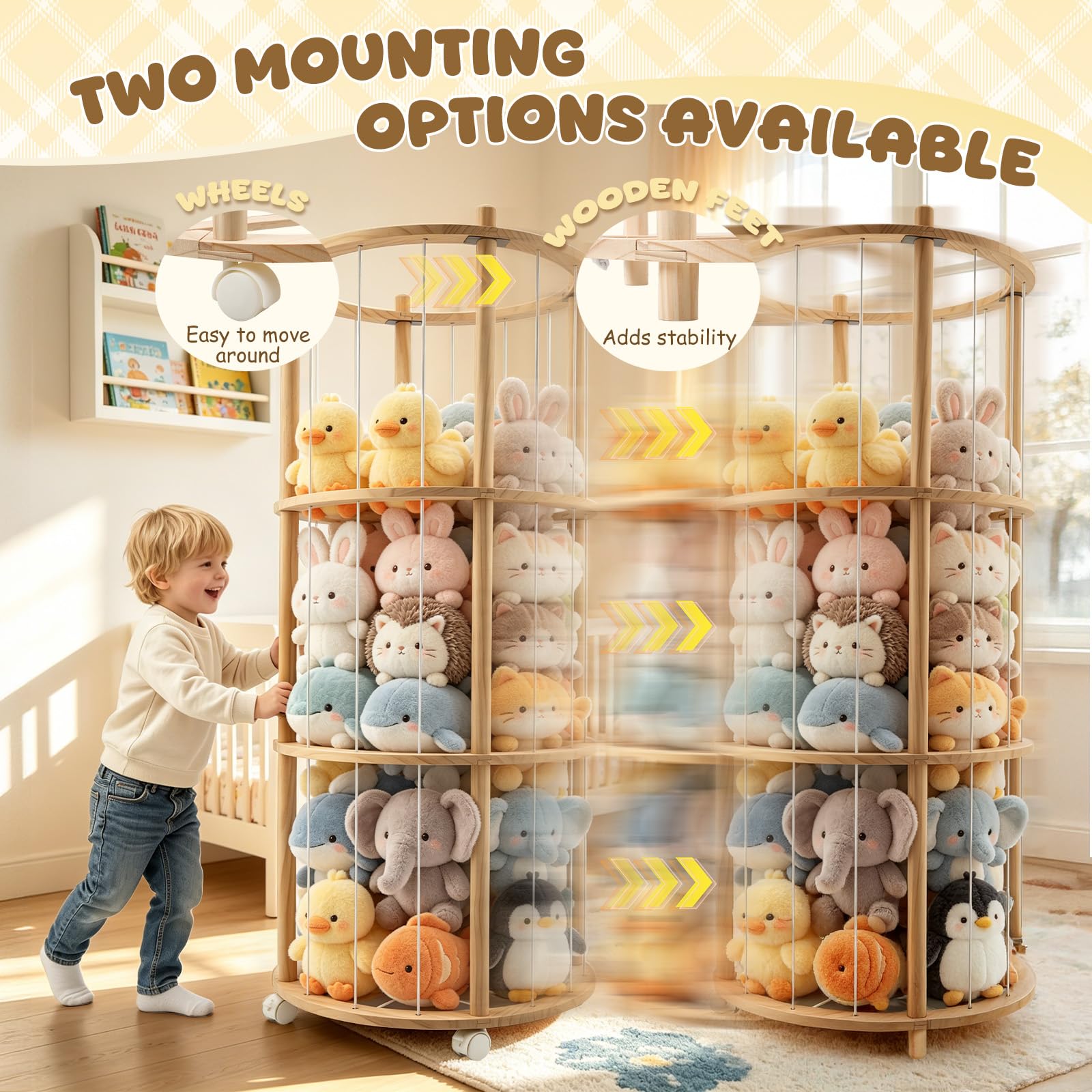 Rangement Peluches En Bois,Range Peluches Avec Roues Équipées De Freins 360° Grande Capacité 137 X 51 X 51 Cm,Rangement Doudou Pour Chambres D'Enfants,Salles De Jeux,Salons