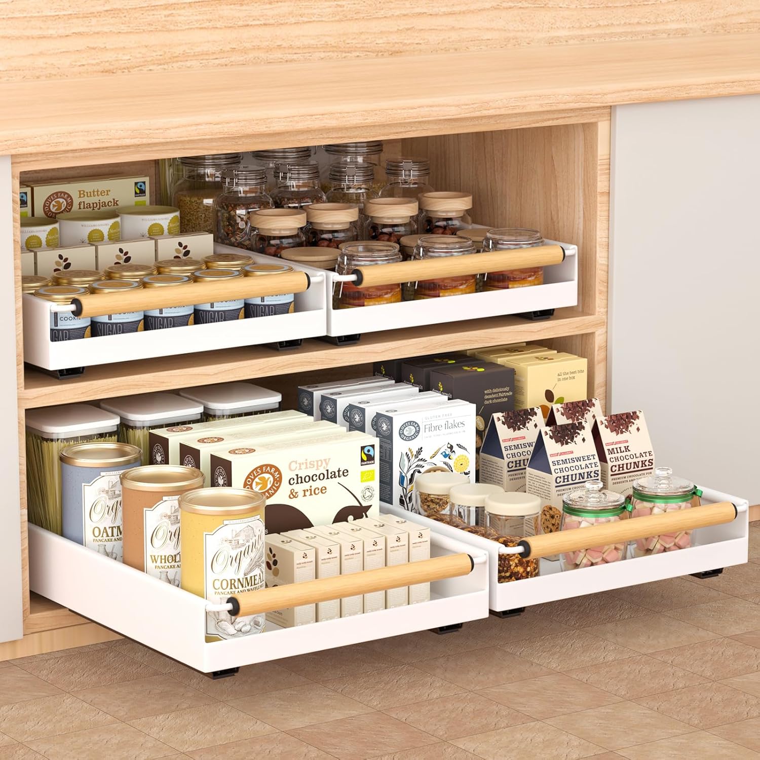 Pull out Cabinet Organizer, 16" Deep Pull Out Drawer for Kitchen Cabinets Adhesive with Nano Film, Slide out Cabinet Organizer Shelf for Pantry Bathroom Organization White White 16"Dx12"W