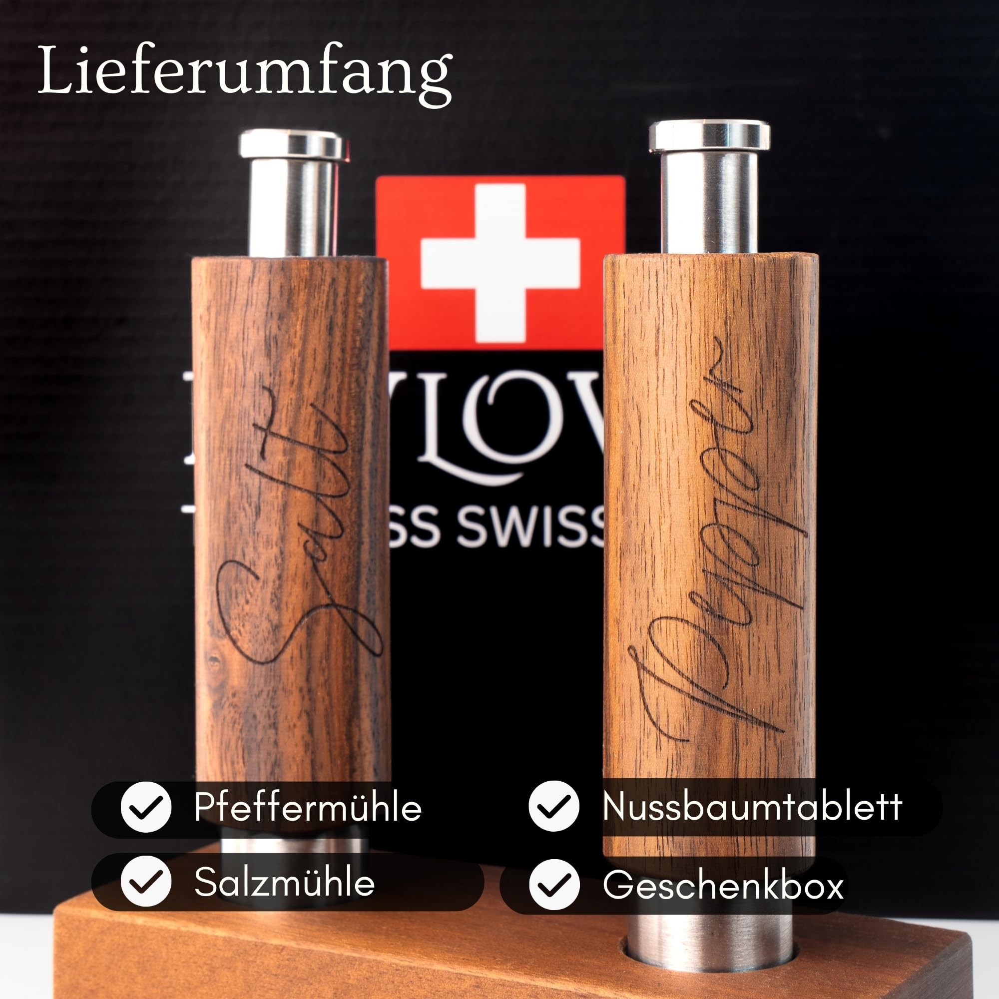 PAVLOVA’S Schweizer Pfeffer- und Salzmühlen Set aus Walnussholz – Einhand-Mühlen mit Keramikmahlwerk – Natürlich geölt – Nachfüllbar – Ablage & Geschenkbox – 10 Jahre Garantie – Limitierte Edition