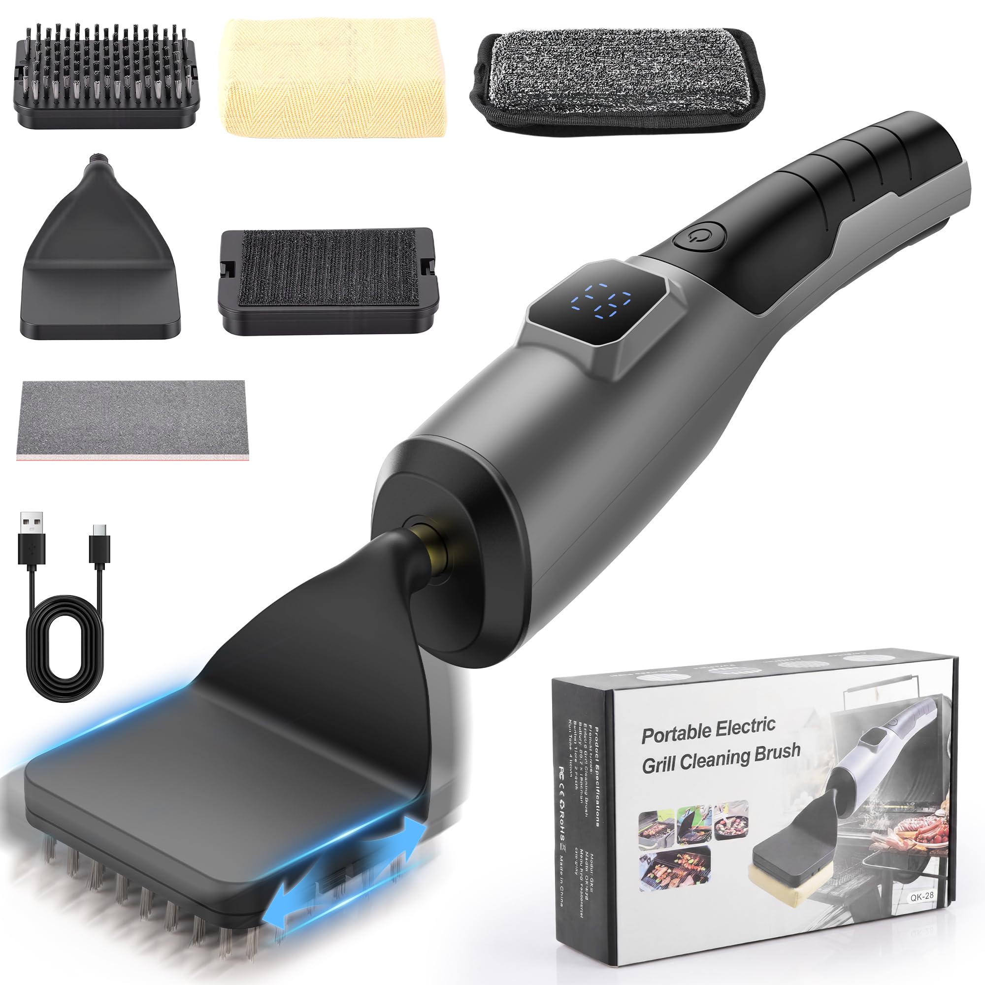 Spazzola Elettrica per Barbecue, Autonomia di 180 Minuti, 4 Testine di Ricambio,Impermeabile IPX7, Ricarica USB, Spazzola in Acciaio Inossidabile per la Pulizia Griglia Barbecue, Campeggio