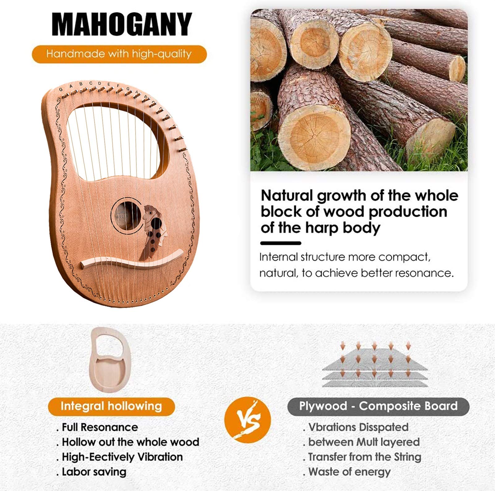 Arpa de lira de 16 cuerdas Instrumento de cuerda de madera maciza de caoba para amantes de la música Principiantes Adultos, con estuche de transporte/Llave de afinación/Cuerda de repuesto/Manual de i