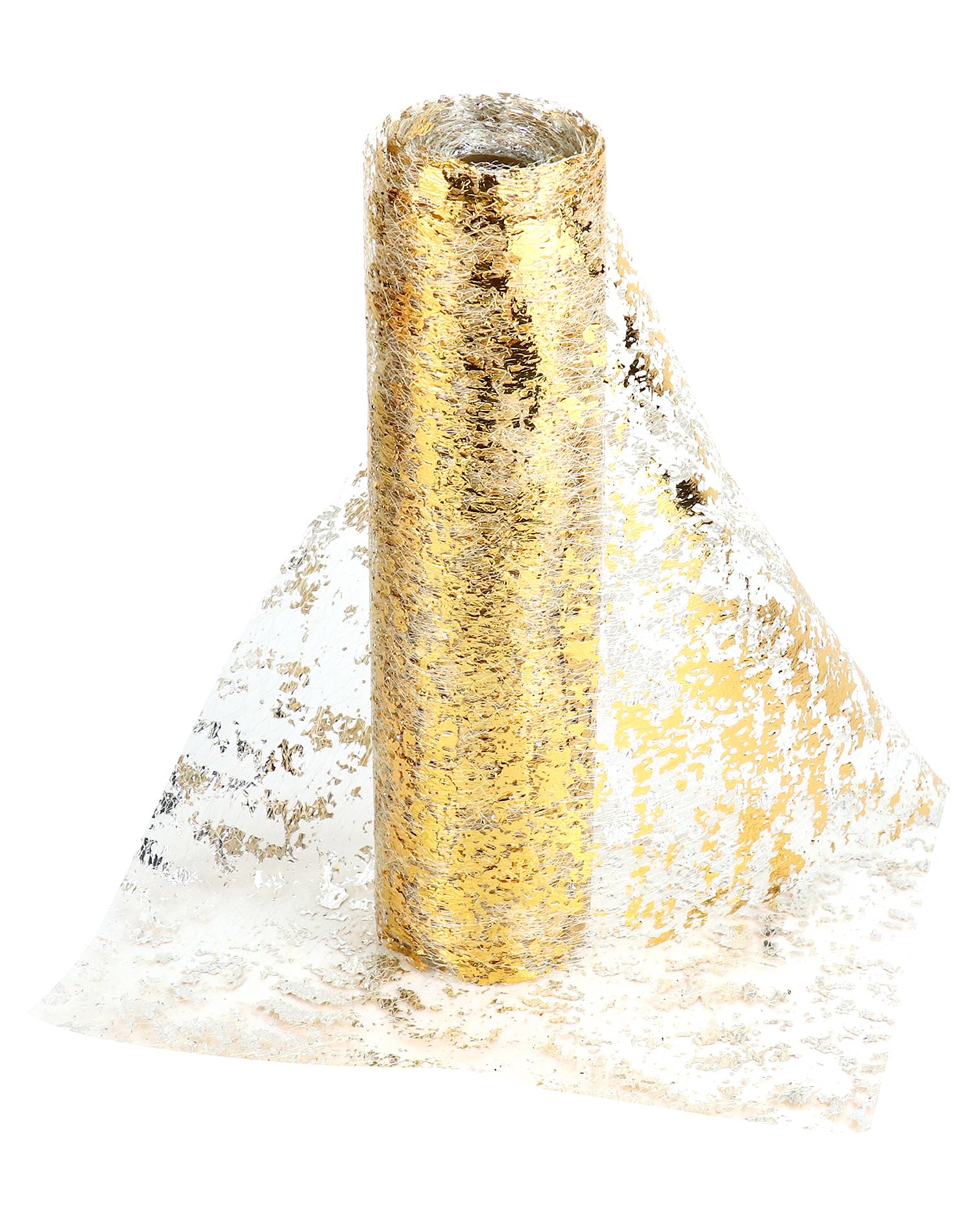 QWORK® Metallic Gold Table Runner, 28cm x 20m Polyester Fabric Netting with Unique Foil Design, Perfect for Weddings Parties