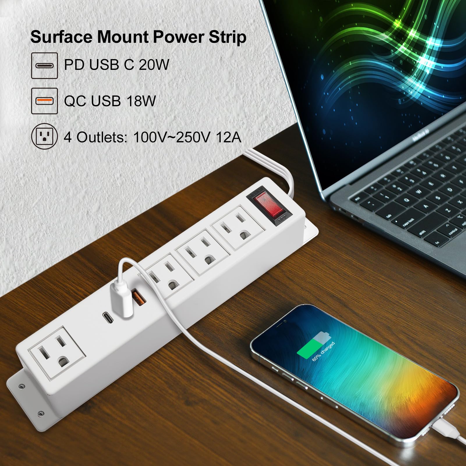 20W USB C Multi Outlet Wall Mount Computer Extension Cord 4 Outlets 3 USB Ports (2 QC USB-A & 1 PD USB-C) Flat Home Ports,