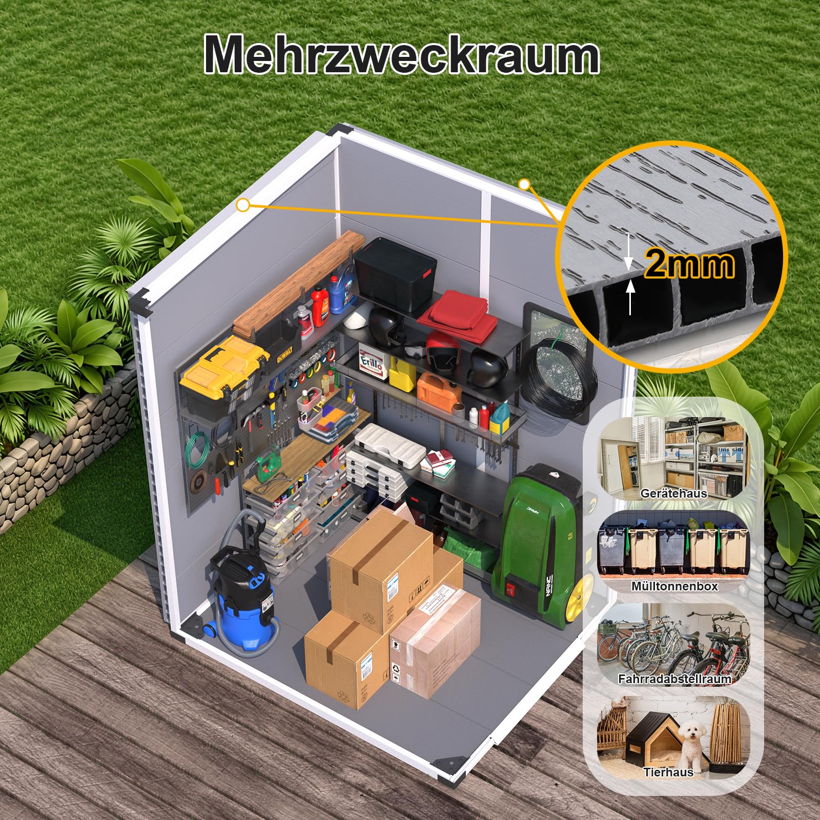 Gerätehaus Kunststoff 1,68 m² mit Fenster & abschließbarer Tür wetterfest Pultdach 118x142x192 cm