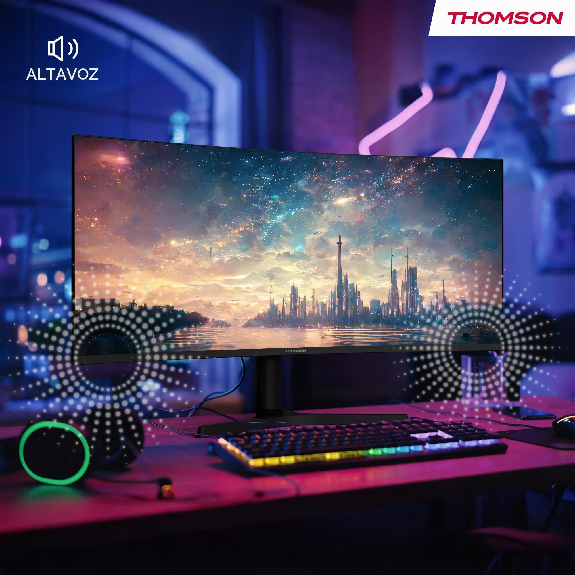 THOMSON Gaming Monitor 34 Pulgadas UWQHD Monitor, 240Hz VA EyeCare Display, 1ms, Adaptive Sync, Speaker, HDR10, HDMI&DP, M34QG7Y14C
