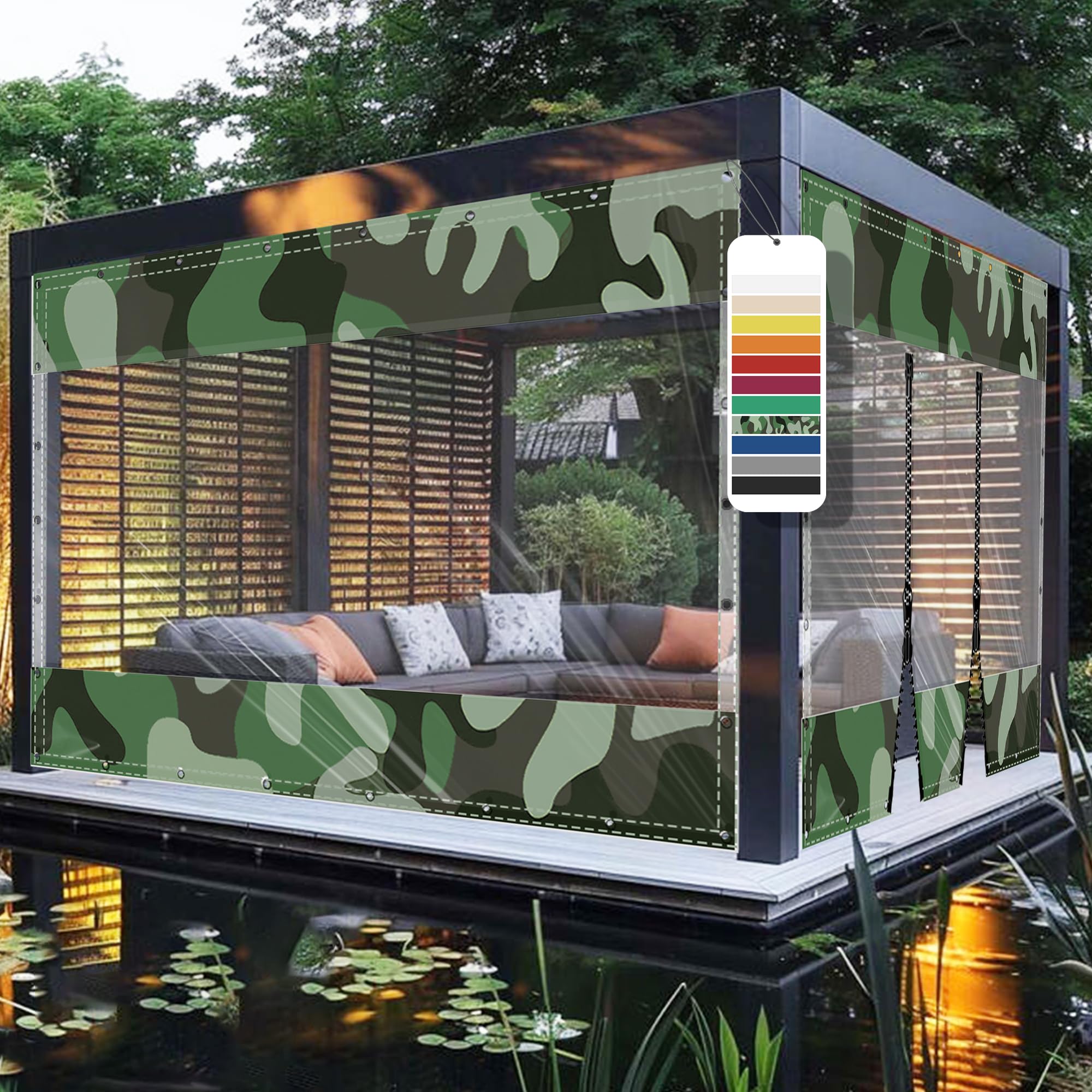 AMXFS Transparent tarpaulin with eyelets, crystal clear patio tarpaulin made of 580g/㎡ PVC camouflage H2.4mxL3m Outdoor Curtain Weatherproof Waterproof Rain Cover without Zipper