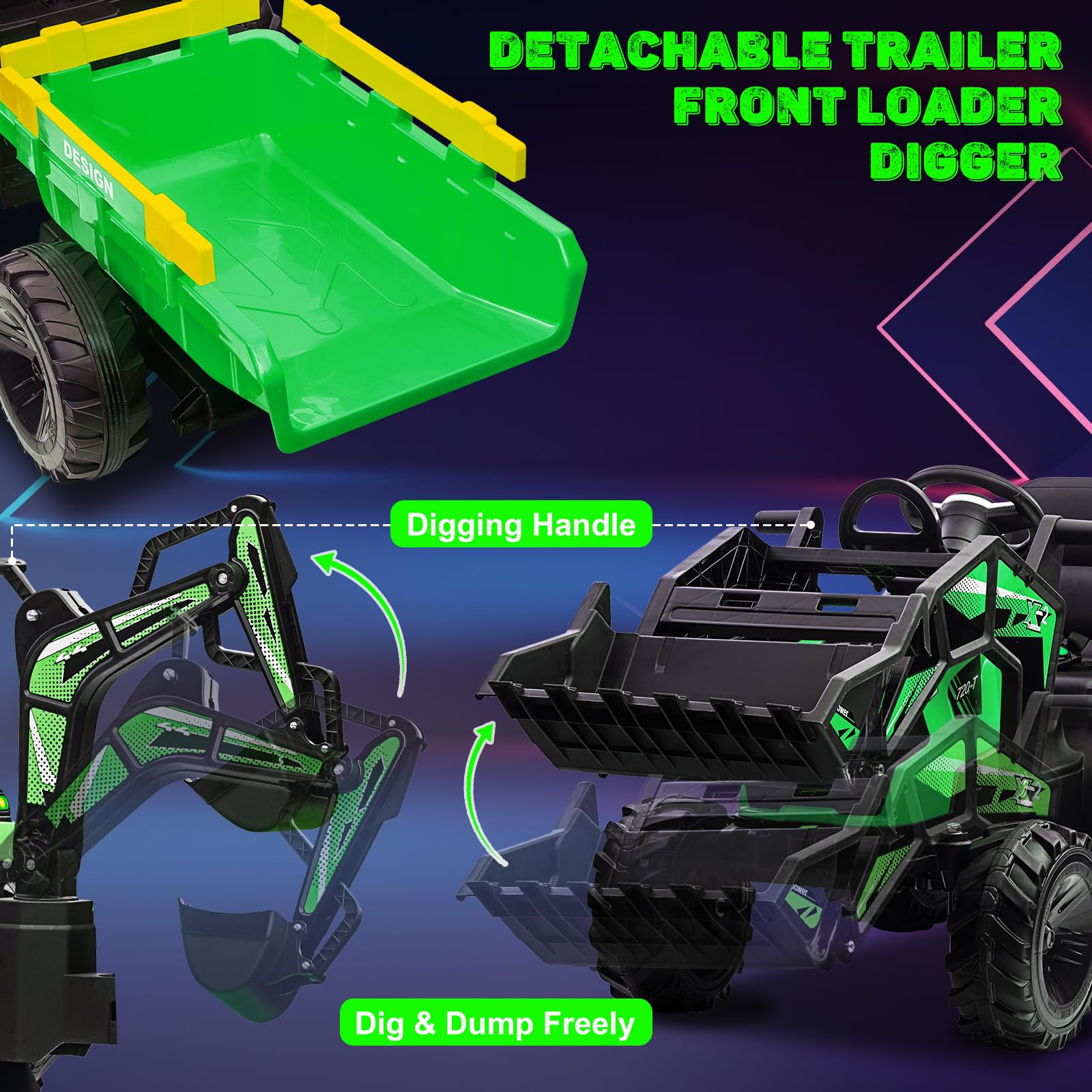 Tractor 3 en 1, juguete de paseo de 24 V para niños grandes, excavadora - Vehículo eléctrico a batería con remolque, excavadora, control remoto, luces LED, música, USB, funciona con pilas, verde 8
