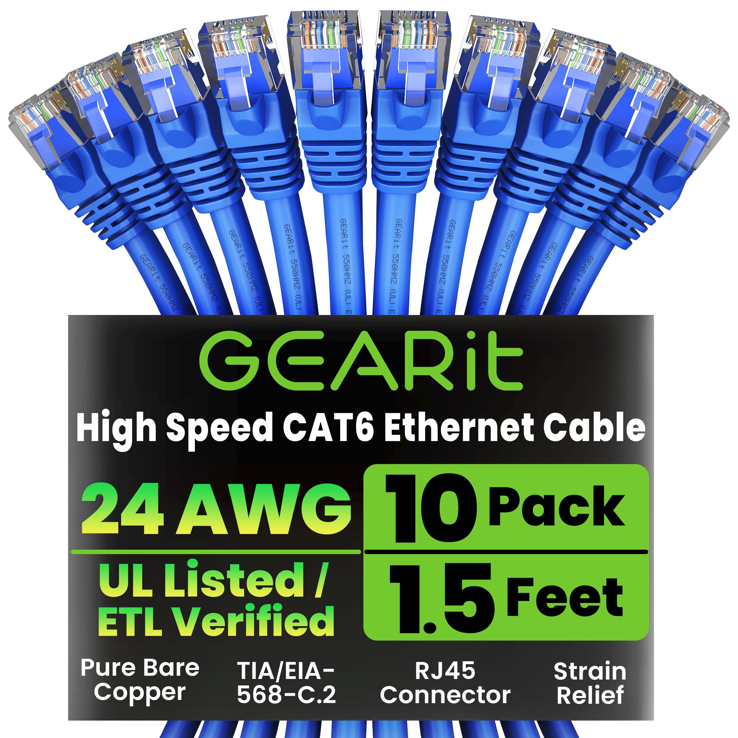 (10 PACK) 1.5 FT RJ45 CAT (6E) 550MHZ MOLDED ETHERNET NETWORK PATCH CABLE - BLUE - Lifetime Warranty