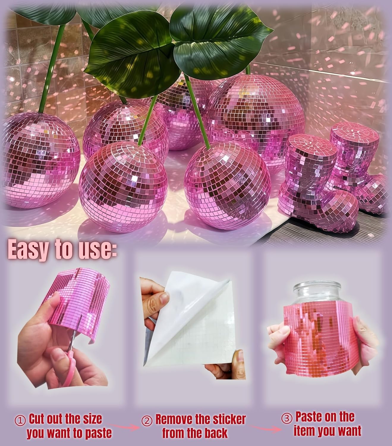 22200pcs Mirror Mosaic Tiles,4 x 4mm Disco Tiles Self Adhesive,Tiny Mirror Tiles for Crafts,Disco Ball Stickers for DIY Party Decoration(Pink)