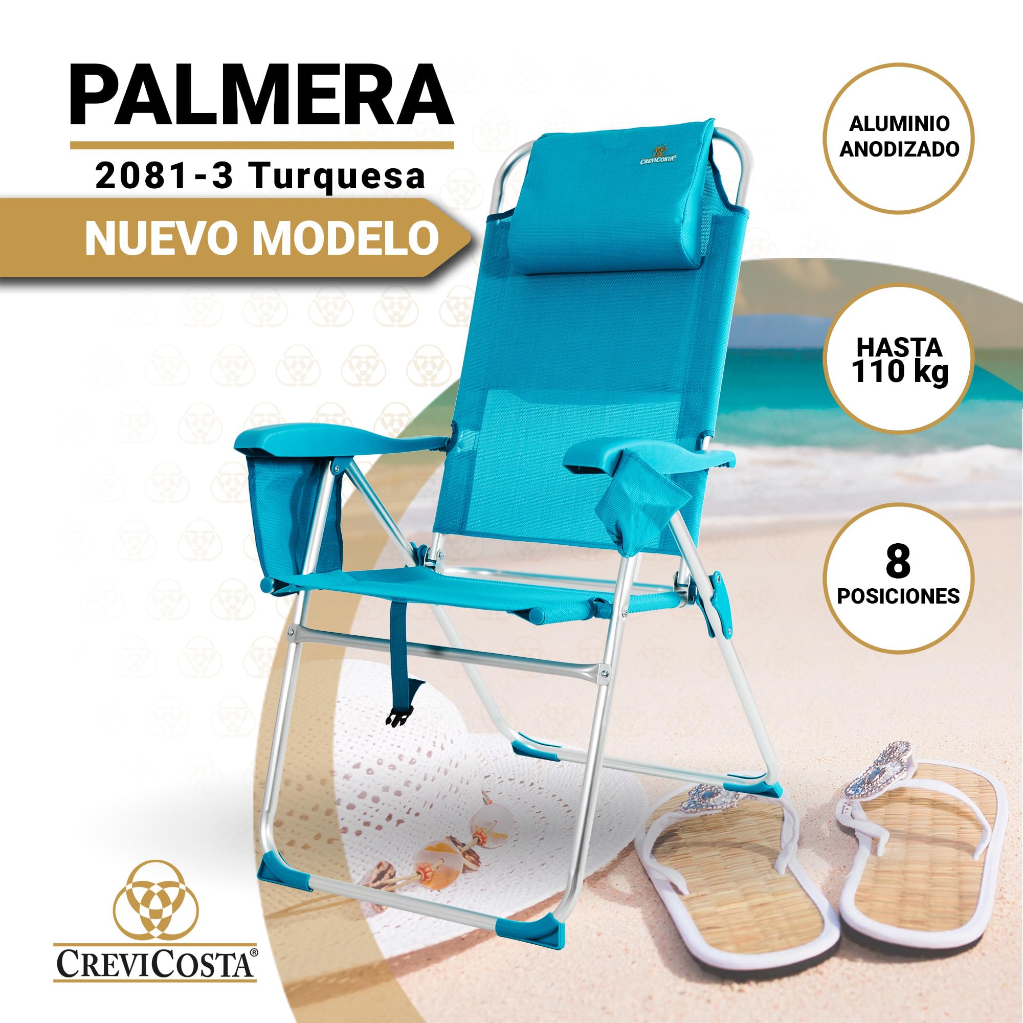 CREVICOSTA QUALITY MARK MARCAS DE CALIDAD - Palmera 2081-3 - Silla de Playa Plegable con reposabrazos, y 8 Posiciones. con Nuevo cojín ergonómico y Nueva Nevera incorporada. Textilene (Turquesa)
