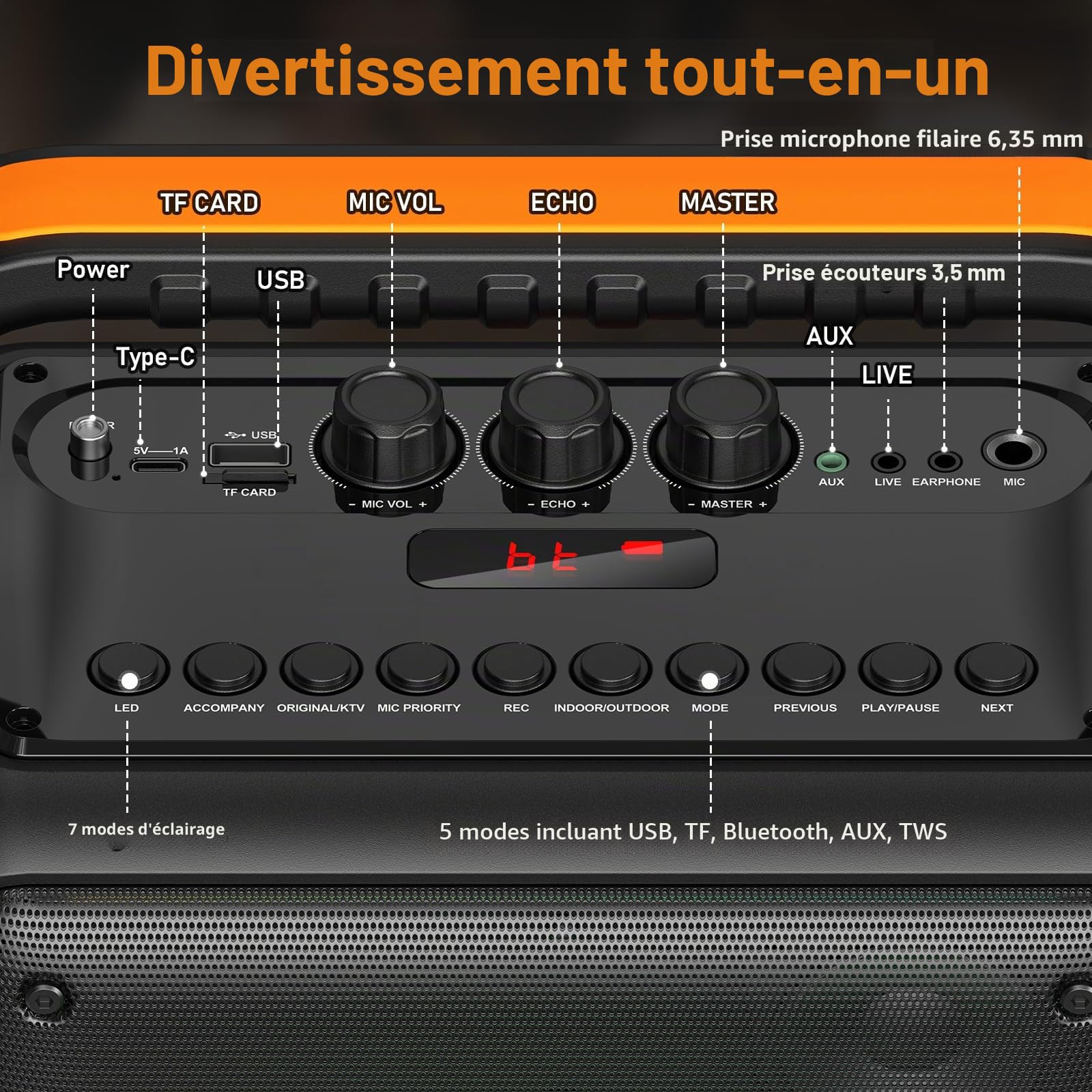 HWWR Machine de karaoké avec 2 Microphones, Haut-Parleur Portable Bluetooth, système de sonorisation pour Adultes et Enfants avec lumières LED, Machine de karaoké upporta TWS/Rec/AUX/USB/TF pour Les