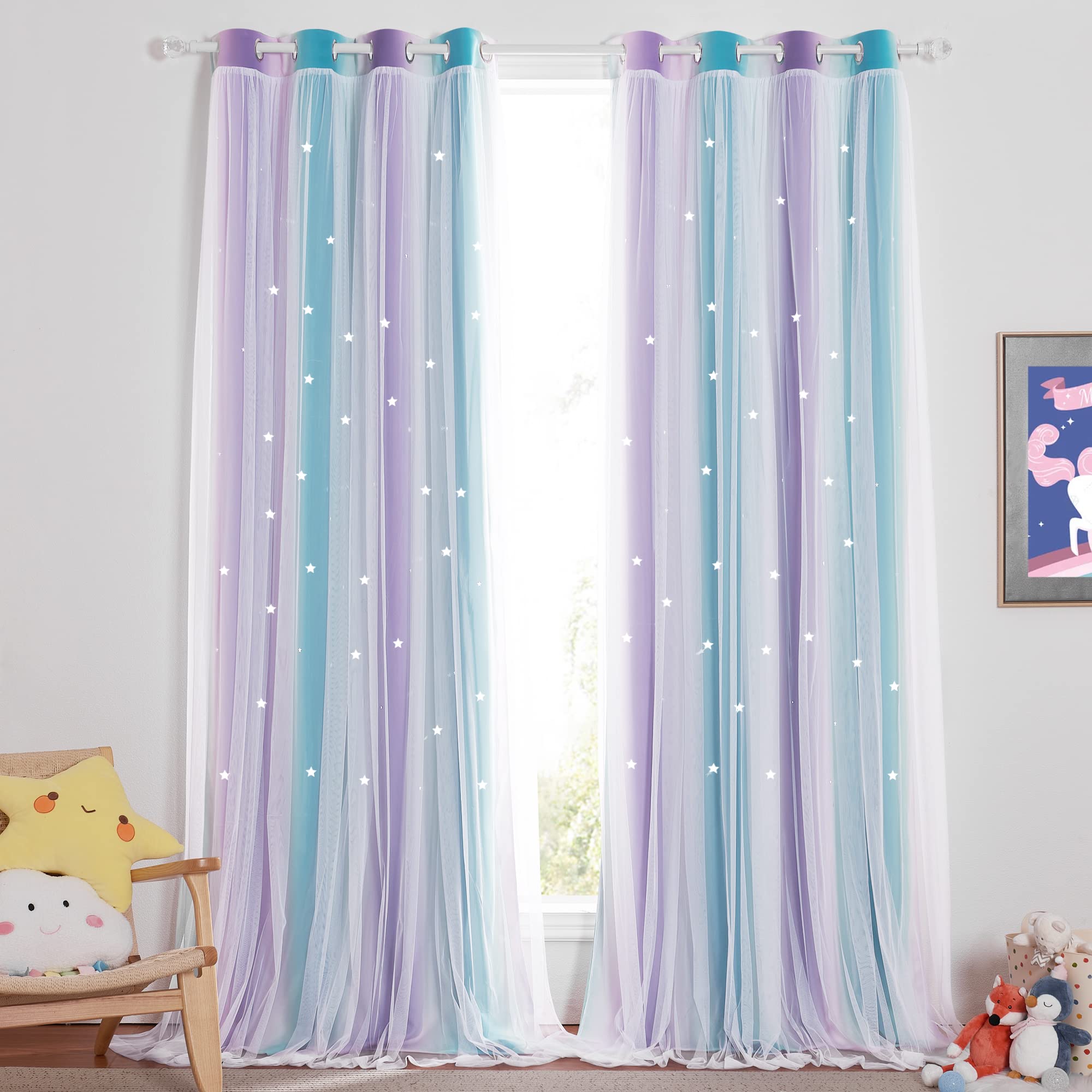 NICETOWN Kids Blackout Curtains for Girls Bedroom, White Gauze & Ombre