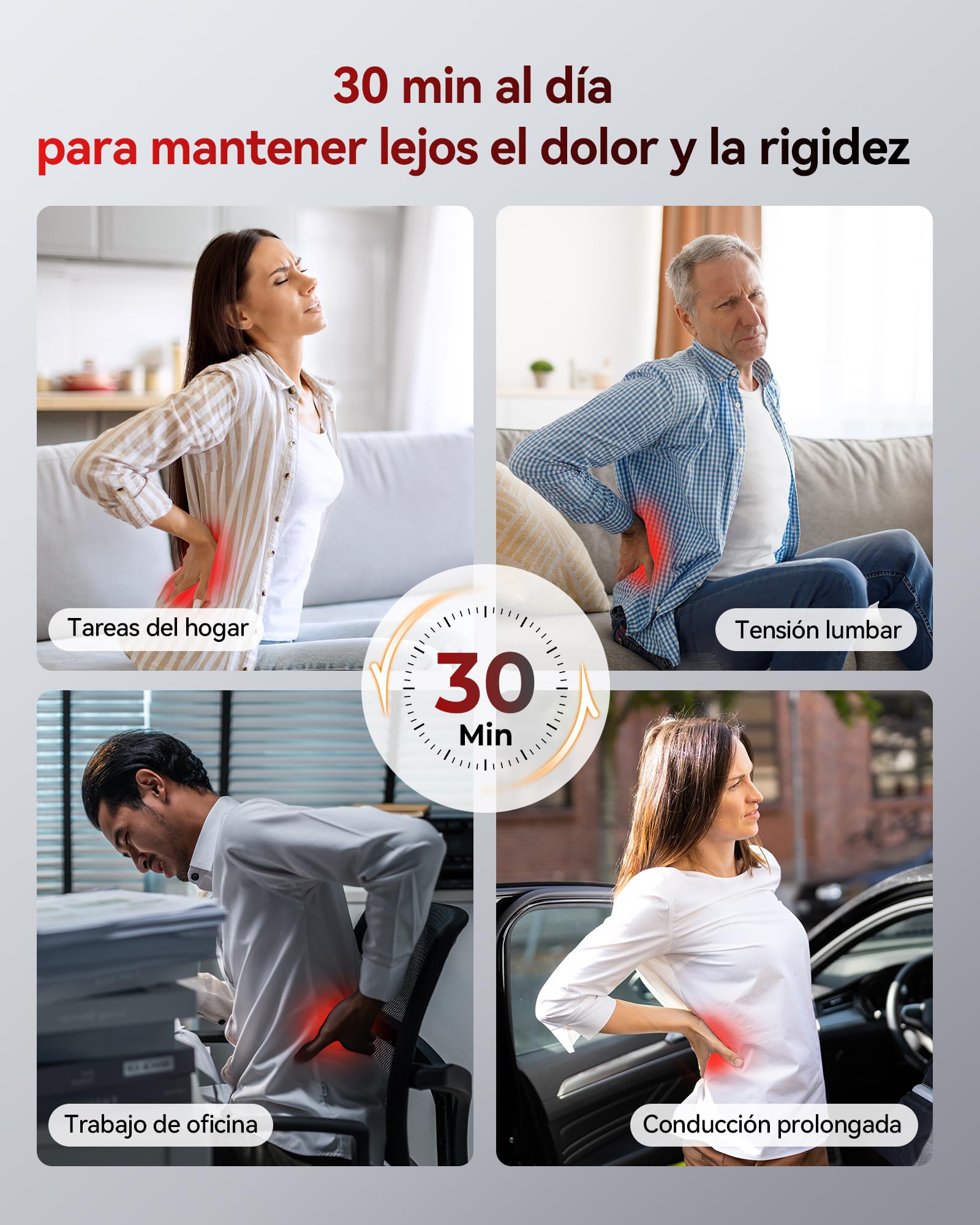FliKEZE 4 en 1 Cojín de Masaje Lumbar con Luz Roja 5000mAh | Cojín de masaje inalámbrico y recargable con calor, vibración y soporte de aire para uso en casa, oficina y viaje