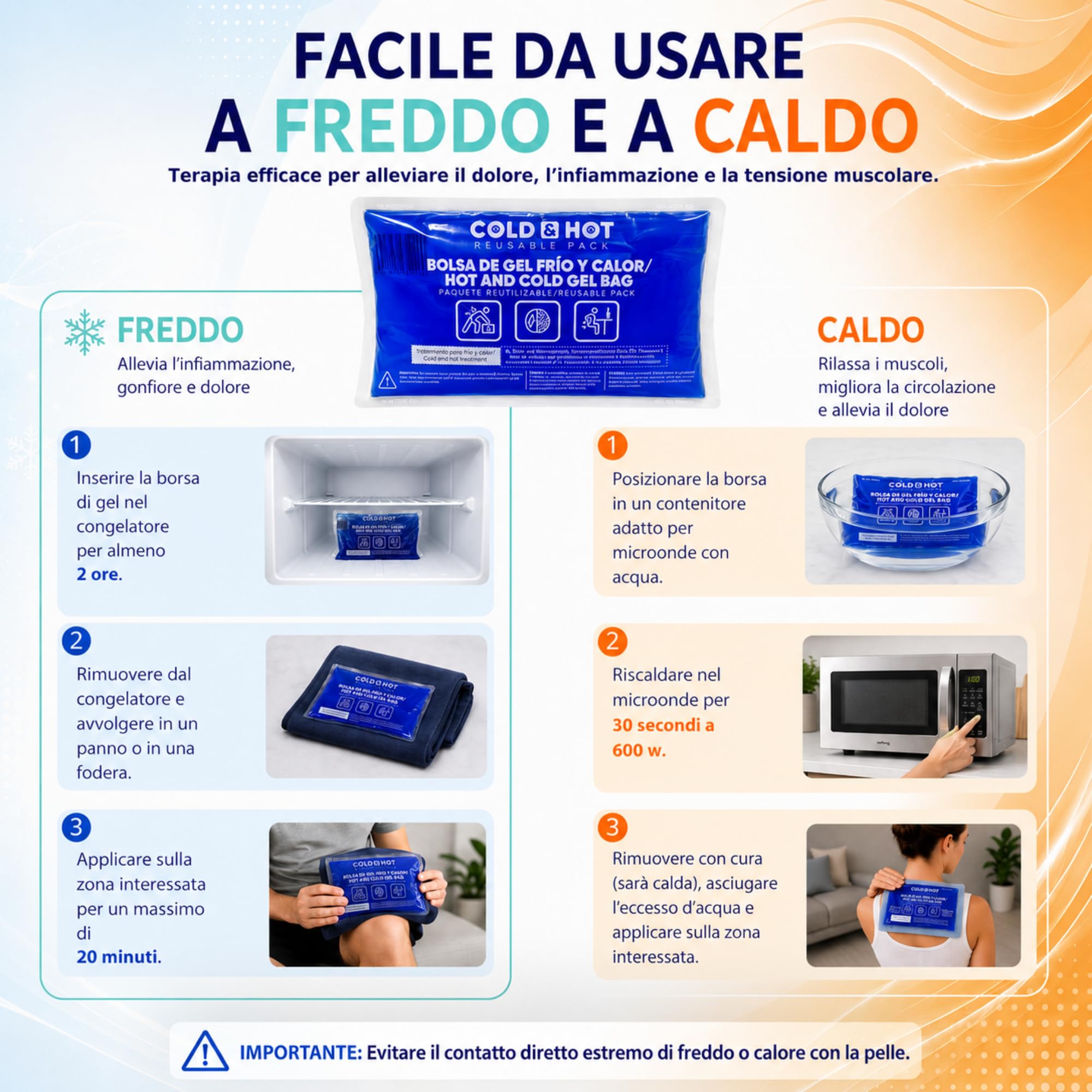 Ghiaccio Gel Riutilizzabile (26 x 15 cm) - Compressa fredda calda - Multifunzione - Ideale per Terapie, Dolori Muscolari, Febbre e Lesioni Sportive - Adatta per Frigorifero e Microonde.