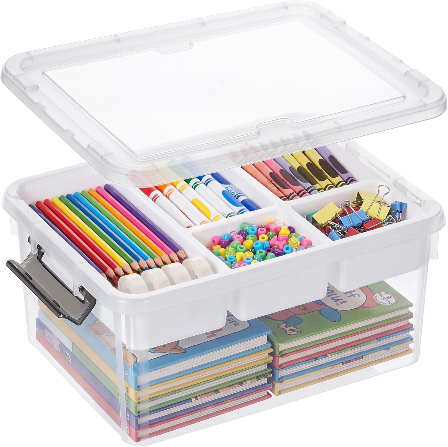17 QT Clear Stackable Craft Storage with 1 Removable Fixed-Compartment Tray, Craft Organizers and Storage for Painting, Coloring Book & Playdoh Supplies, 1 Pack