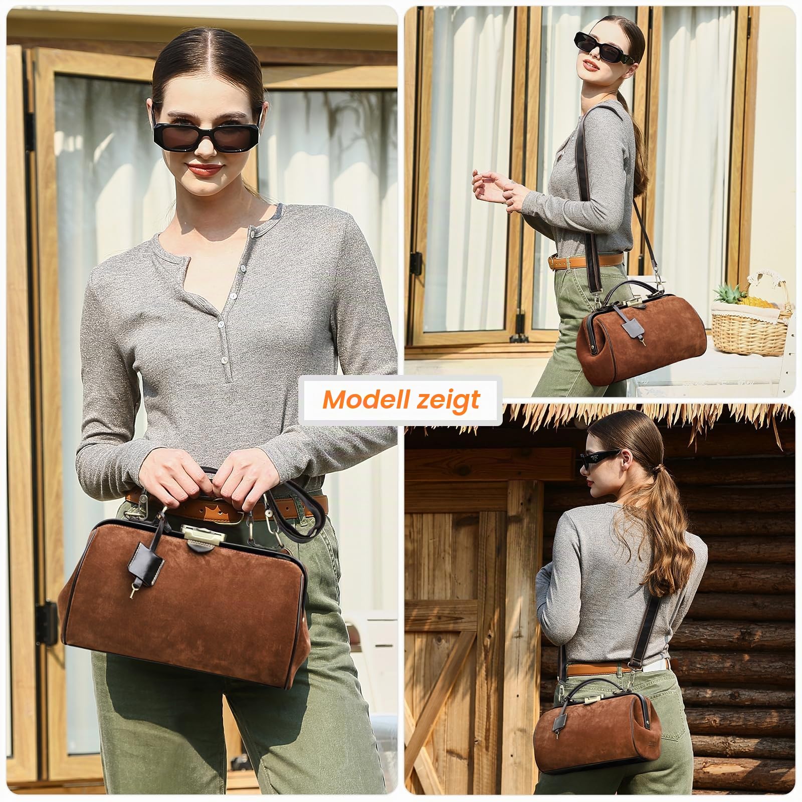 CONTACTS Damen-Handtasche aus echtem Leder, abschließbar, Vintage-Schultertasche, Geldbörse mit Tragegriff oben mit Metallverschluss und Rahmenöffnung