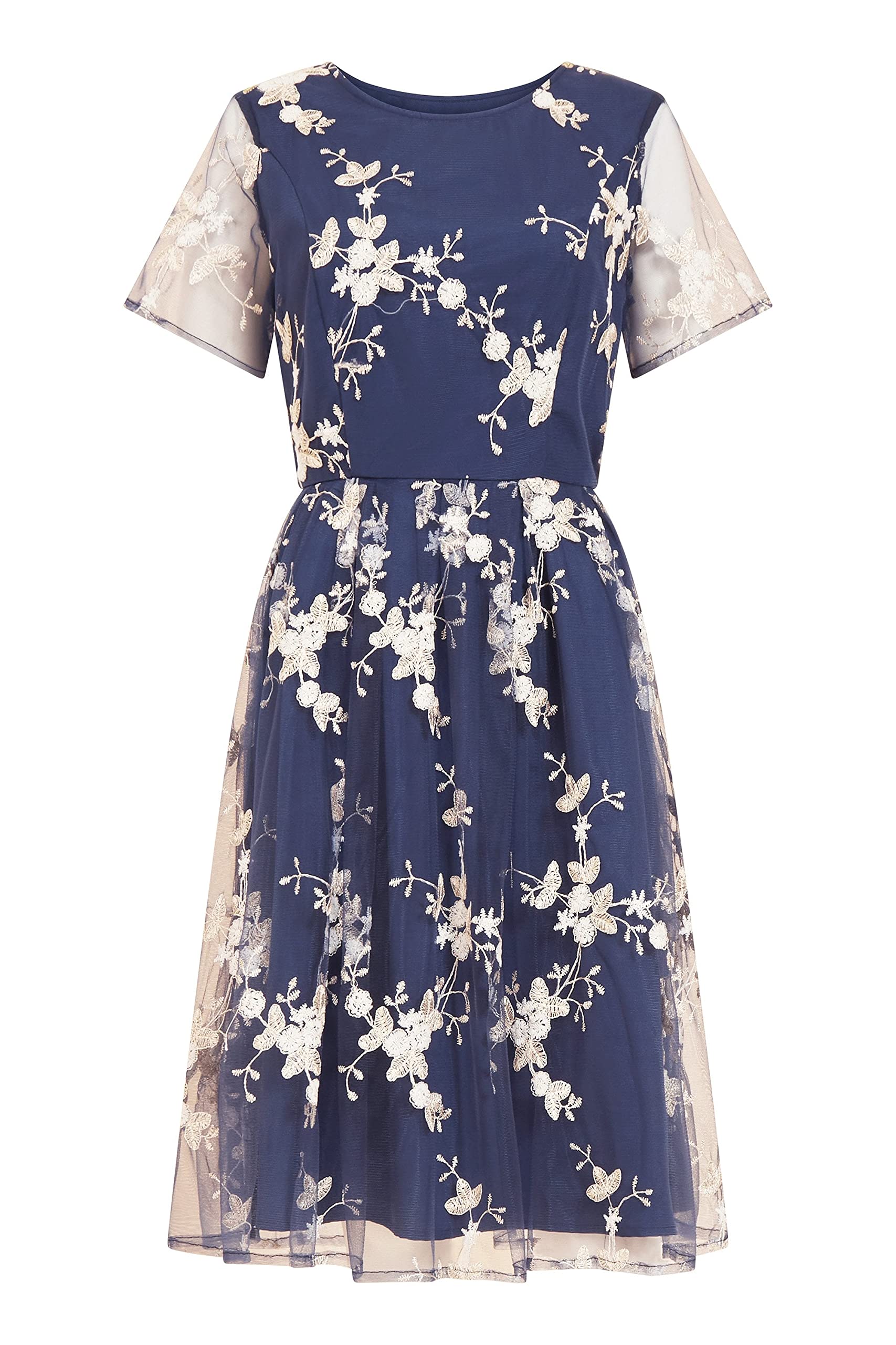 Yumi Navy Embroidered Floral Skater Dress 14 Navy