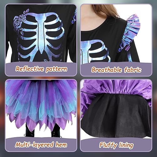 Miniatura 3 de Disfraz de esqueleto de Halloween para niños, vestido tutú de esqueleto para niña, disfraz de esqueleto reflectante para niñas