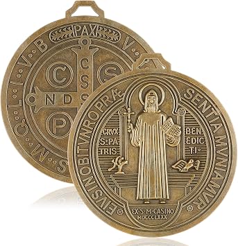 Landical 2 Pcs Extra Large 5 Inch St Benedict Cross Medal Wall Decor Vintage Brass Tone Catholic Protection for Home Door Desk, Saint Benedict Religious Art GrandeGold