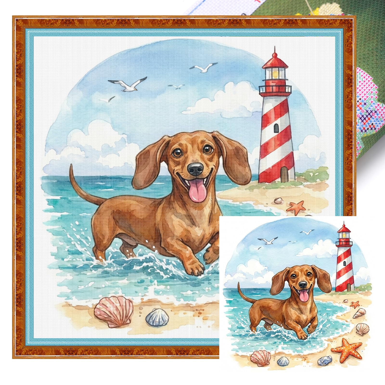 Dachshund on The Beach Full 14CT DIY Stamped Cross Stitch Kits 11.81x11.81inch Embroidery Needlepoint Starter Kits for Beginners Adults Home Decor