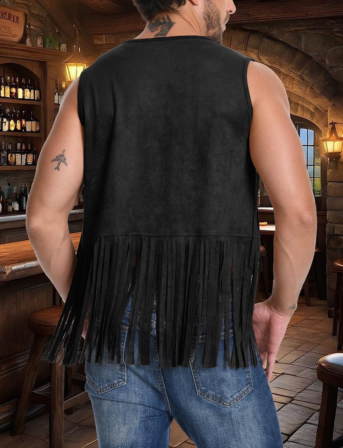 FEOYA Men’s Fringe Vest Faux Suede Sleeveless Open Front Jacket Western Cowboy Tassel Waistcoat 70s Hippie Costume