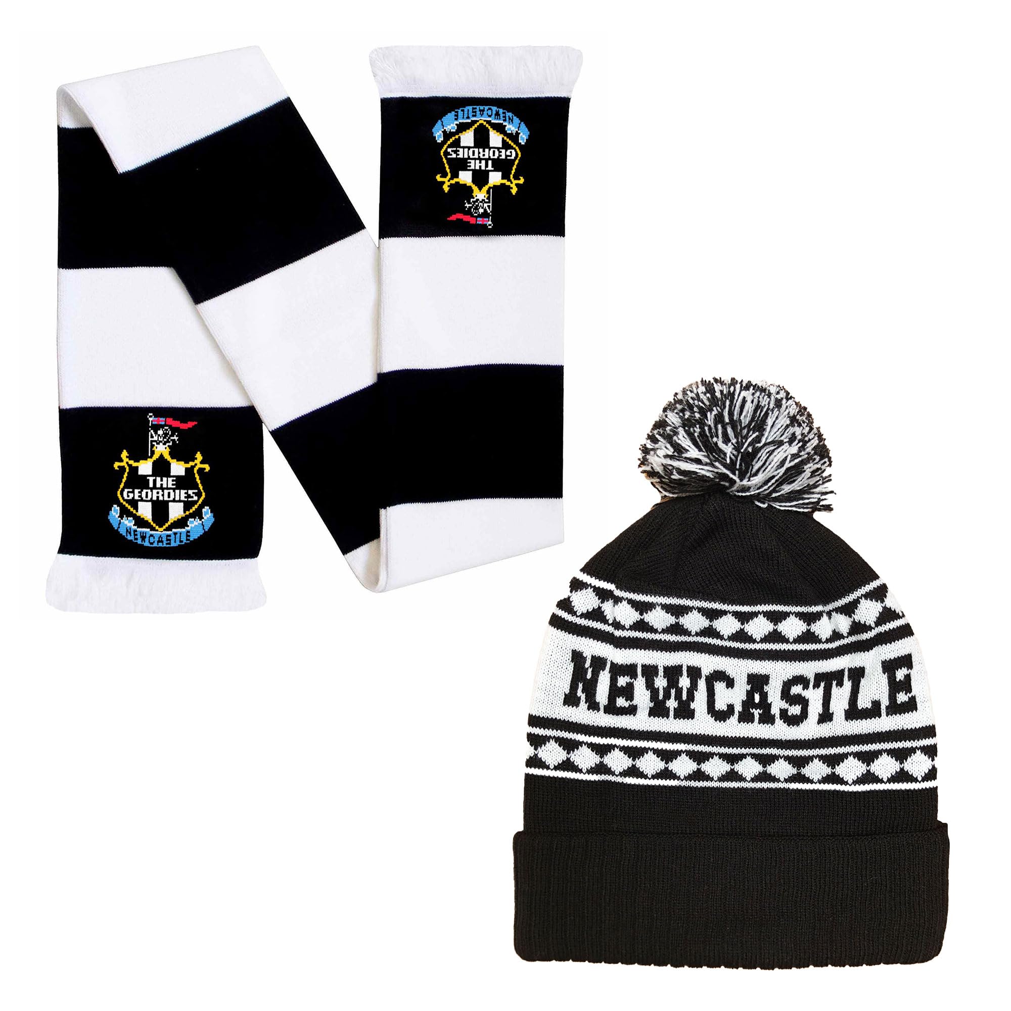 Beyond Happy Newcastle Ski Hat & Scarf Set - Stylish Winter Beanie Hat & Scarf for Geordies - Ultimate Newcastle Football Support (UK, Alpha, One Size, Hat & Scarf Set)