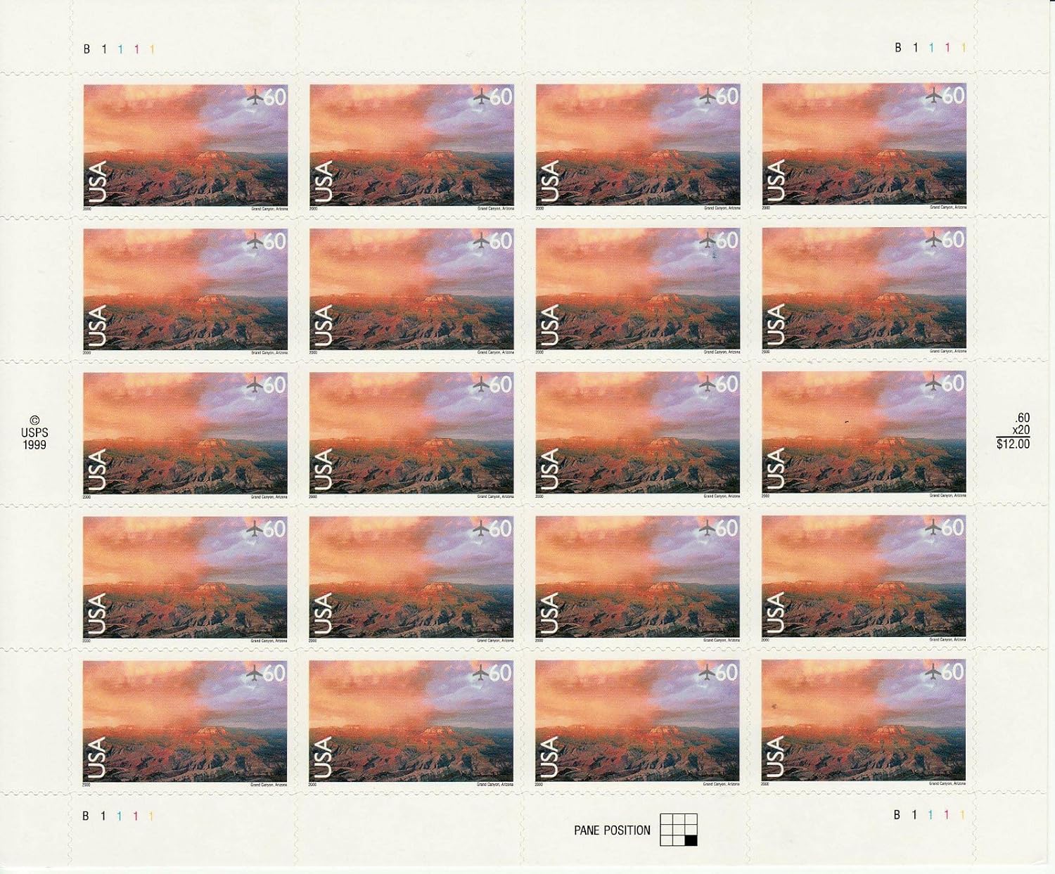 USPS Grand Canyon Arizona Sheet of Twenty 60 Cent Airmail Stamps Scott C135
