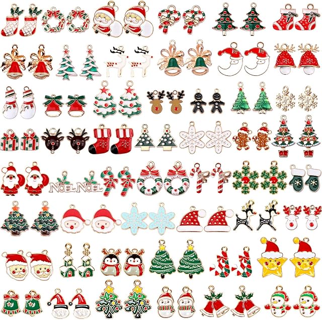 SANNIX 110Pcs 55 Styles Christmas Charms Gold Enamel Jewelry Pendants for Xmas Earring Bracelet Necklace Craft Making