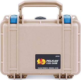 Pelican Protector 1120 Case by ColorCase - Desert Tan - Small Size Waterproof Case with Pick & Pluck Foam & Convoluted Lid Foam - Blue Latches