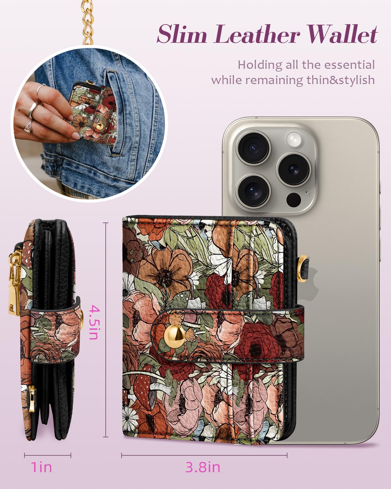 Bistup Billetera pequeña de Cuero Genuino RFID con llaveros para Mujeres, Adolescentes, niñas, Tarjetas de crédito de Dos Solapas, Flor marrón., Flor marrón