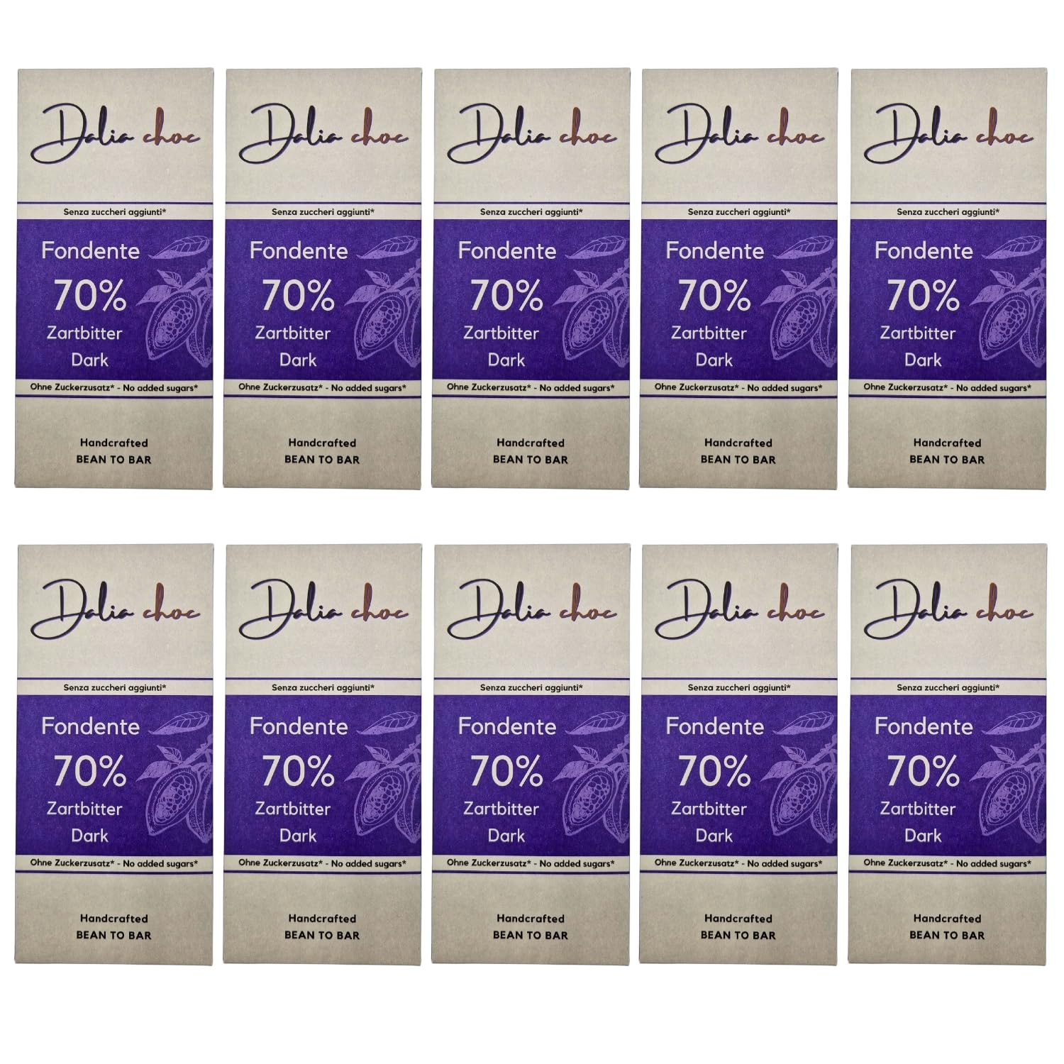 Dalia Choc - Tavolette di cioccolato PREMIUM - 10 Pezzi | Senza Aggiunta di Zuccheri | Prodotto in ITALIA | BEAN TO BAR - FONDENTE