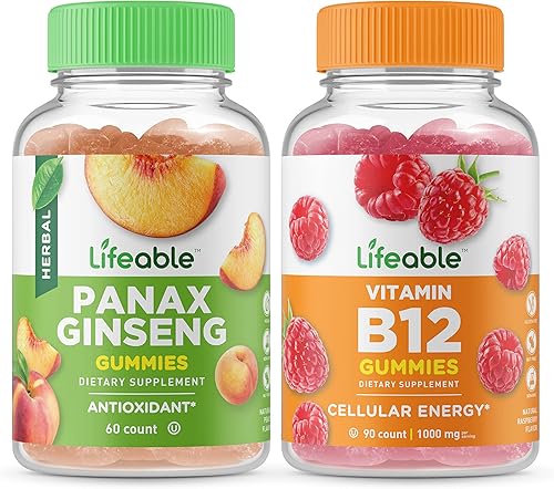 Lifeable Panax Ginseng + Vitamina B12, paquete de gomitas Gran sabor, suplemento vitamínico, sin gluten, sin OMG, gomita masticable