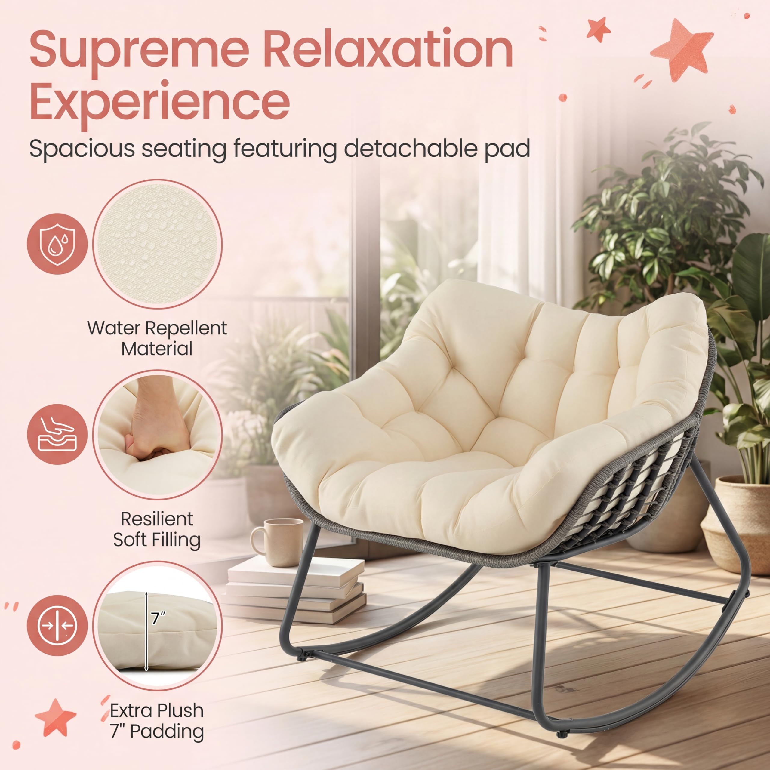 SOARS Fauteuil à Bascule de Jardin, Chaise à Bascule Papasan en Rotin avec Coussin Rembourré et Amovible, Cadre en Métal, Charge 150 KG, pour Intérieur et Extérieur, Salon Balcon Terrasse, Beige