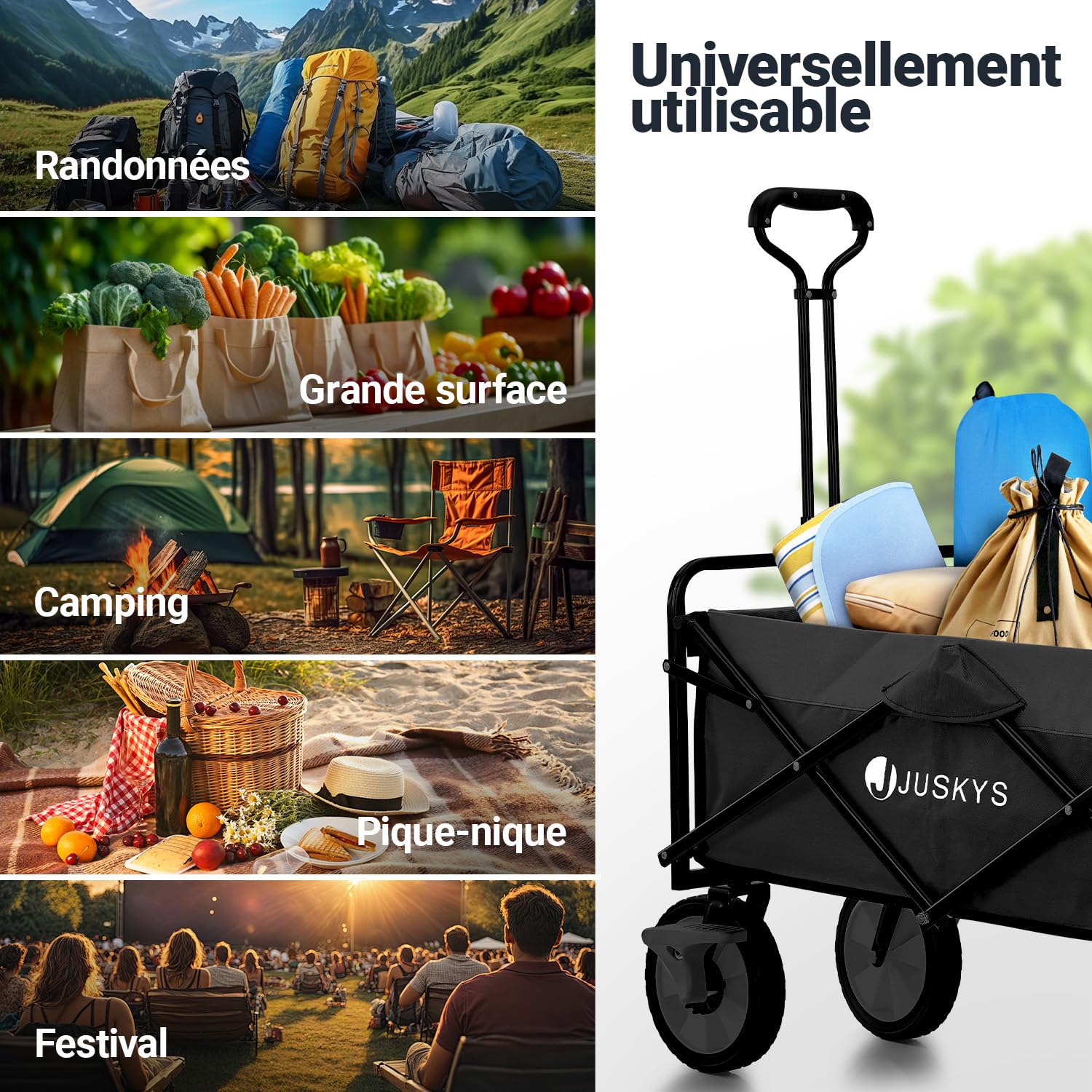 Juskys Chariot de Transport 100 kg – Remorque Pliante – Utilisation extérieure & Camping – Wagon Pliant Noir pour Plage